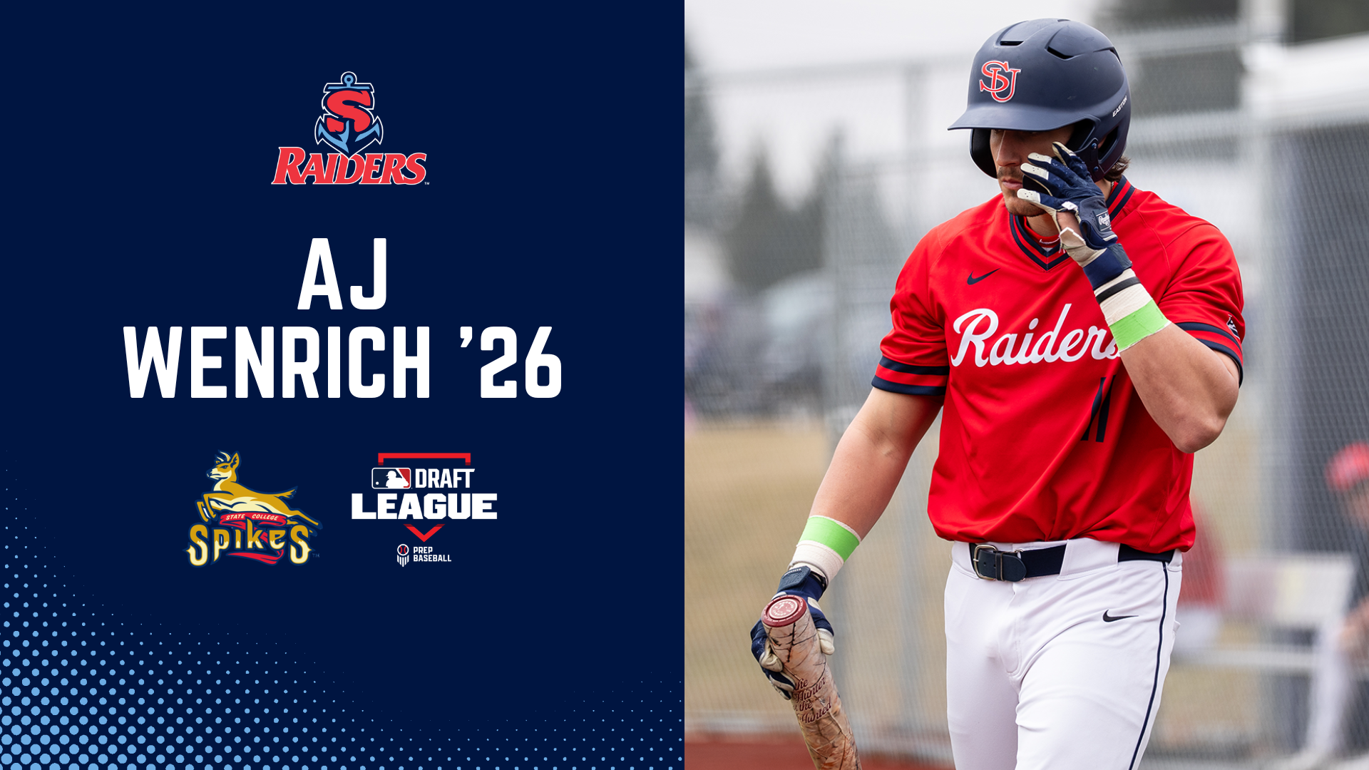 A graphic showing that former SU player AJ Wenrich is now in the MLB Draft League with the State College Spikes