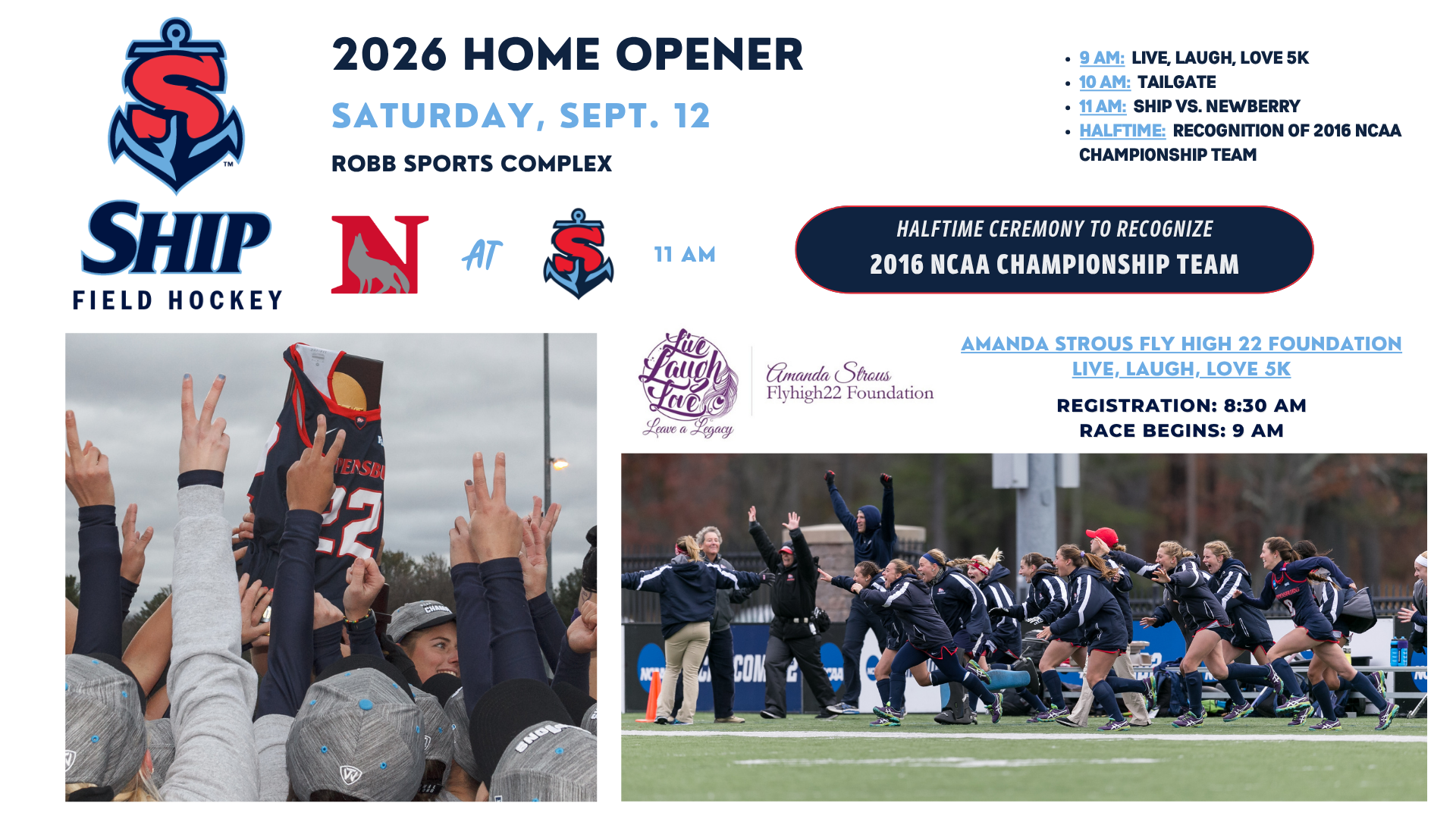 A graphic advertising the 2026 Field Hockey Alumni Day Strous 5K Home Opener