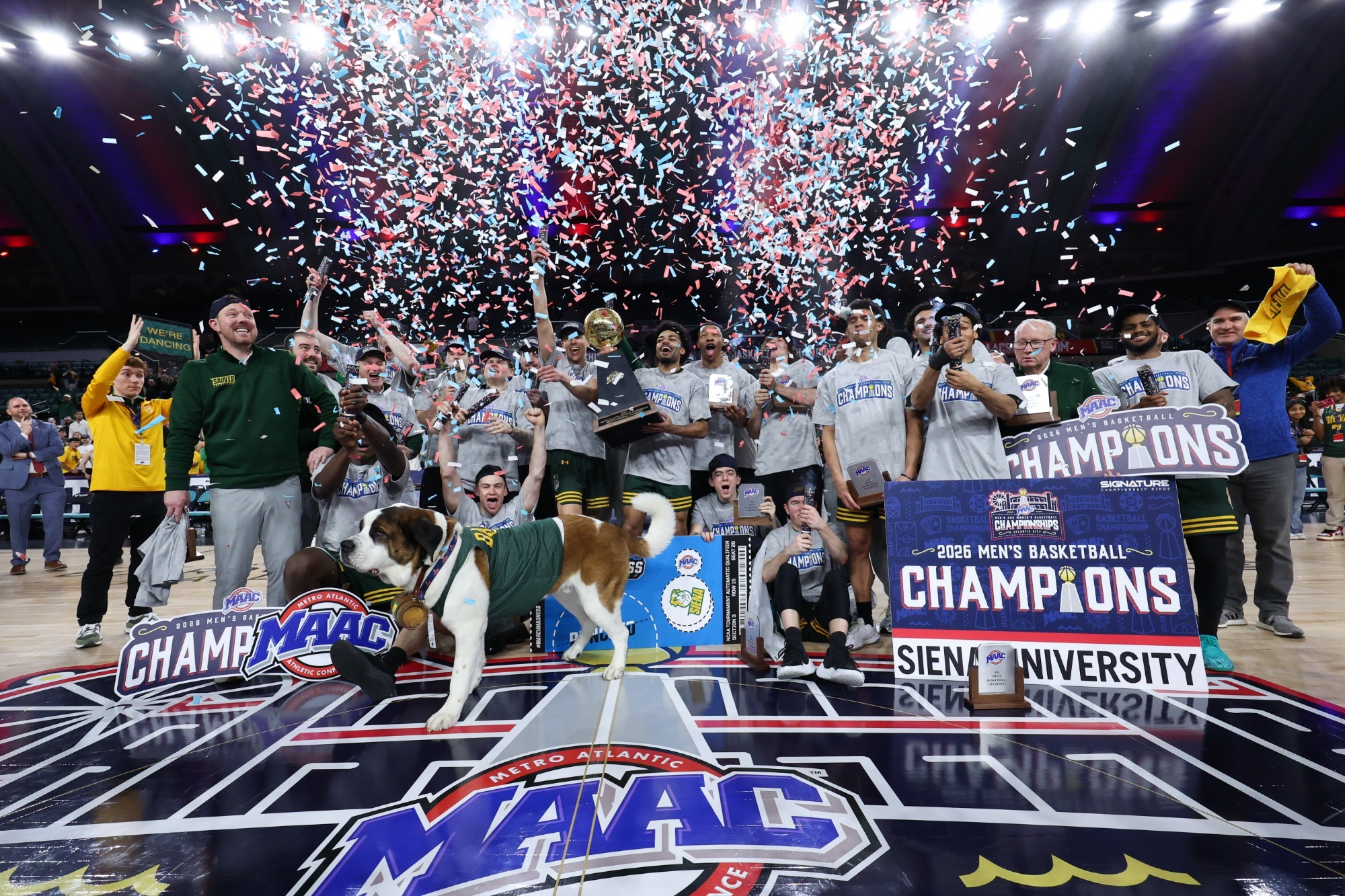 2026 MAAC Champion Team Photo Confetti