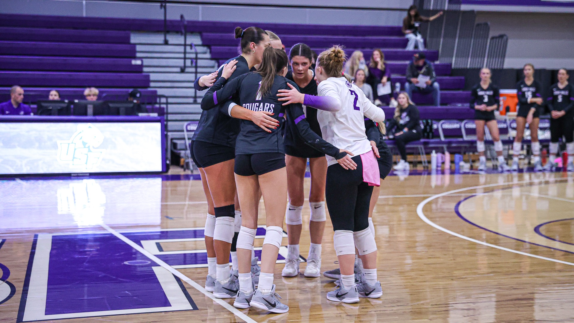 USF Volleyball huddles after a point against Minnesota Crookston