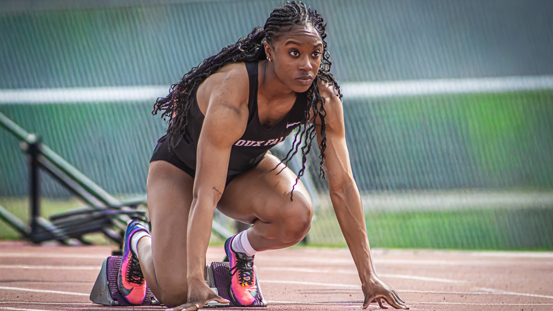 Tamia Horton gets set in the 100m blocks