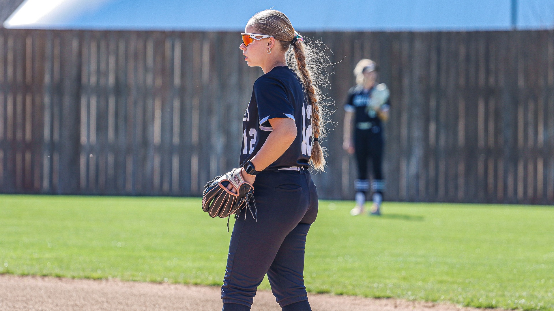 Emma Kristof playing second base at Wayne State