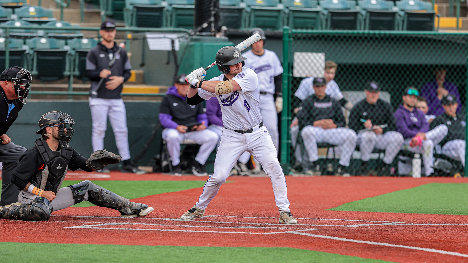 Justin Johnson stands in the batter’s box for Sioux Falls Baseball, holding his bat back while preparing for a pitch at Sioux Falls Stadium.