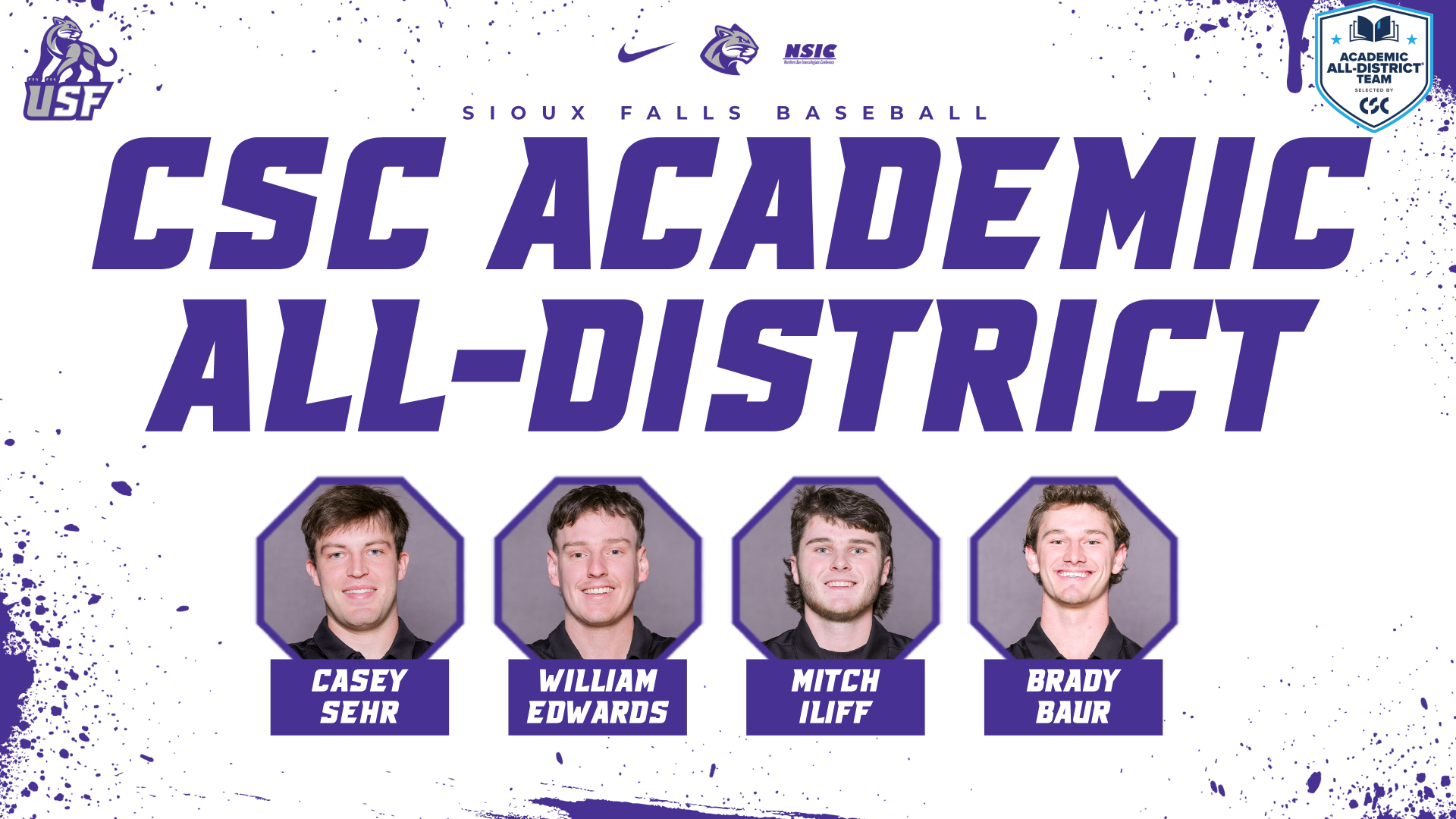 Casey Sehr, William Edwards, Mitch Iliff and Brady Baur earn CSC Academic All-District honors