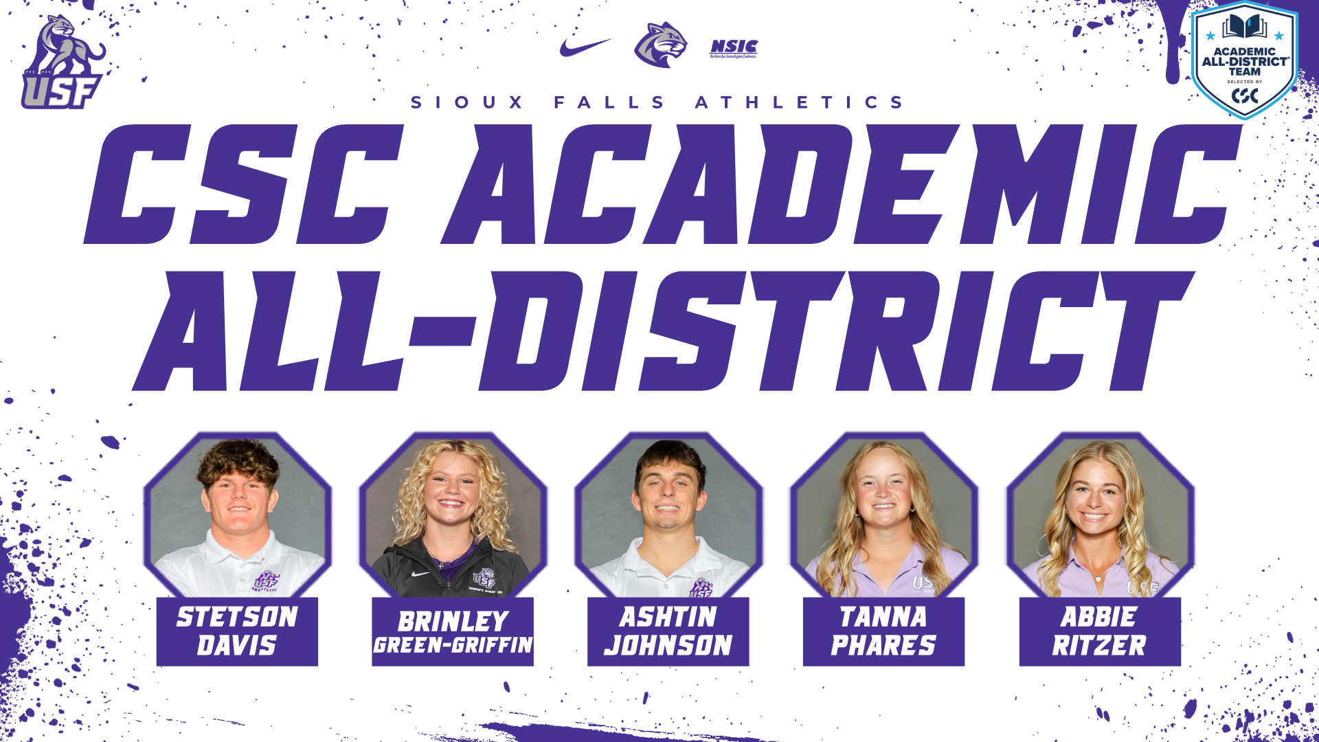 Stetson Davis, Brinley Green-Griffin, Ashtin Johnson, Tanna Phares, and Abbie Ritzer named to the CSC Academic All-District At-Large Team
