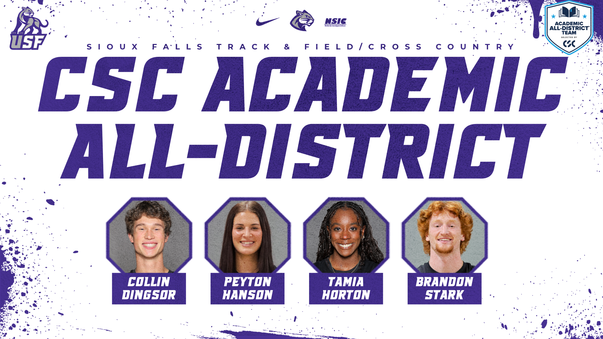 Graphic announcing University of Sioux Falls Track & Field/Cross Country's 2026 CSC Academic All-District selections. The graphic features the headline 