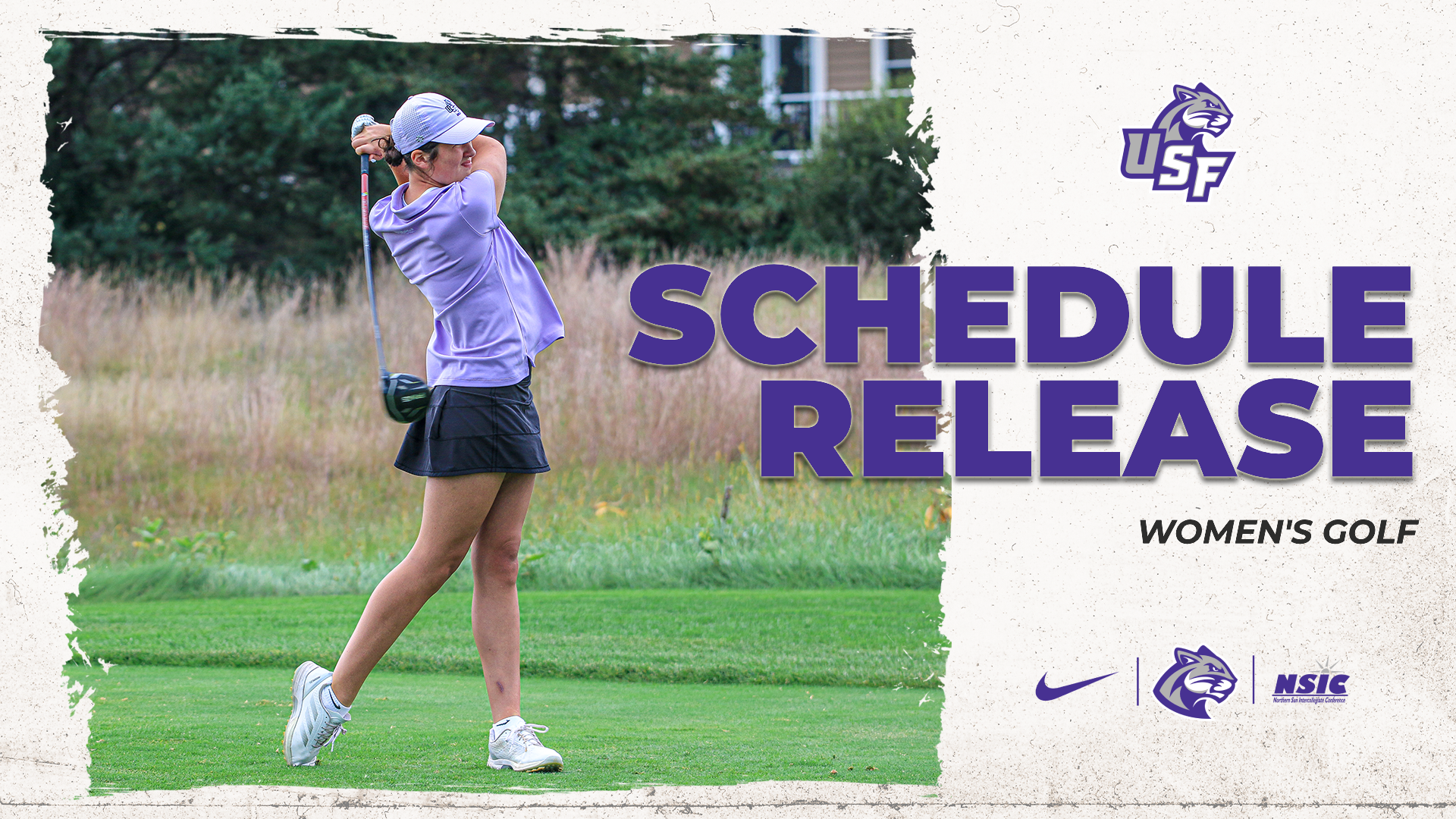 University of Sioux Falls women's golfer Gwen Latunski follows through on a tee shot during competition, wearing a purple polo and white cap on a golf course. The image is featured alongside 
