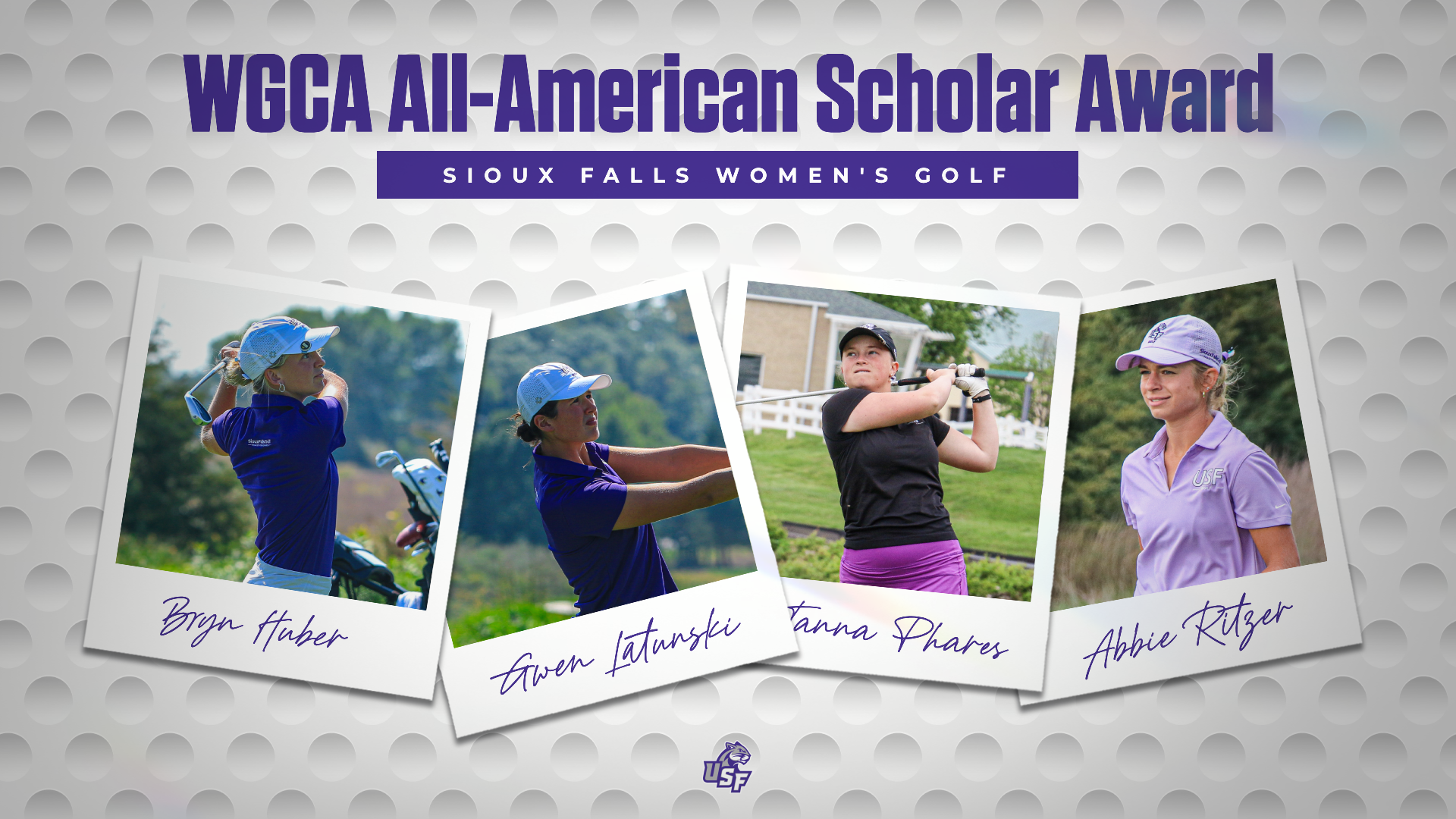 Graphic celebrating the University of Sioux Falls women's golf team's 2025-26 WGCA All-American Scholar Award recipients. A large purple headline at the top reads 