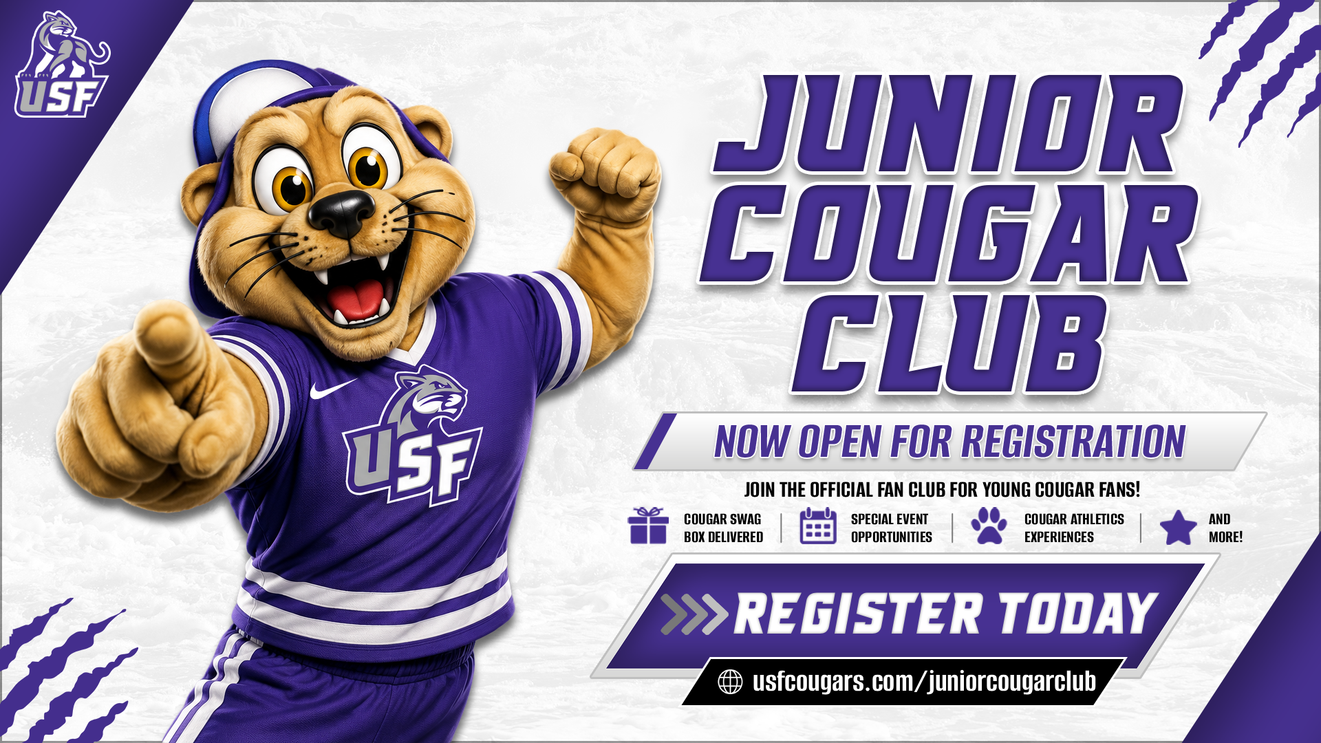 Promotional graphic for the University of Sioux Falls Junior Cougar Club. Cooper the Cougar points toward the viewer while wearing a purple USF jersey against a light background with subtle waterfall textures and purple claw marks. Large purple text reads 