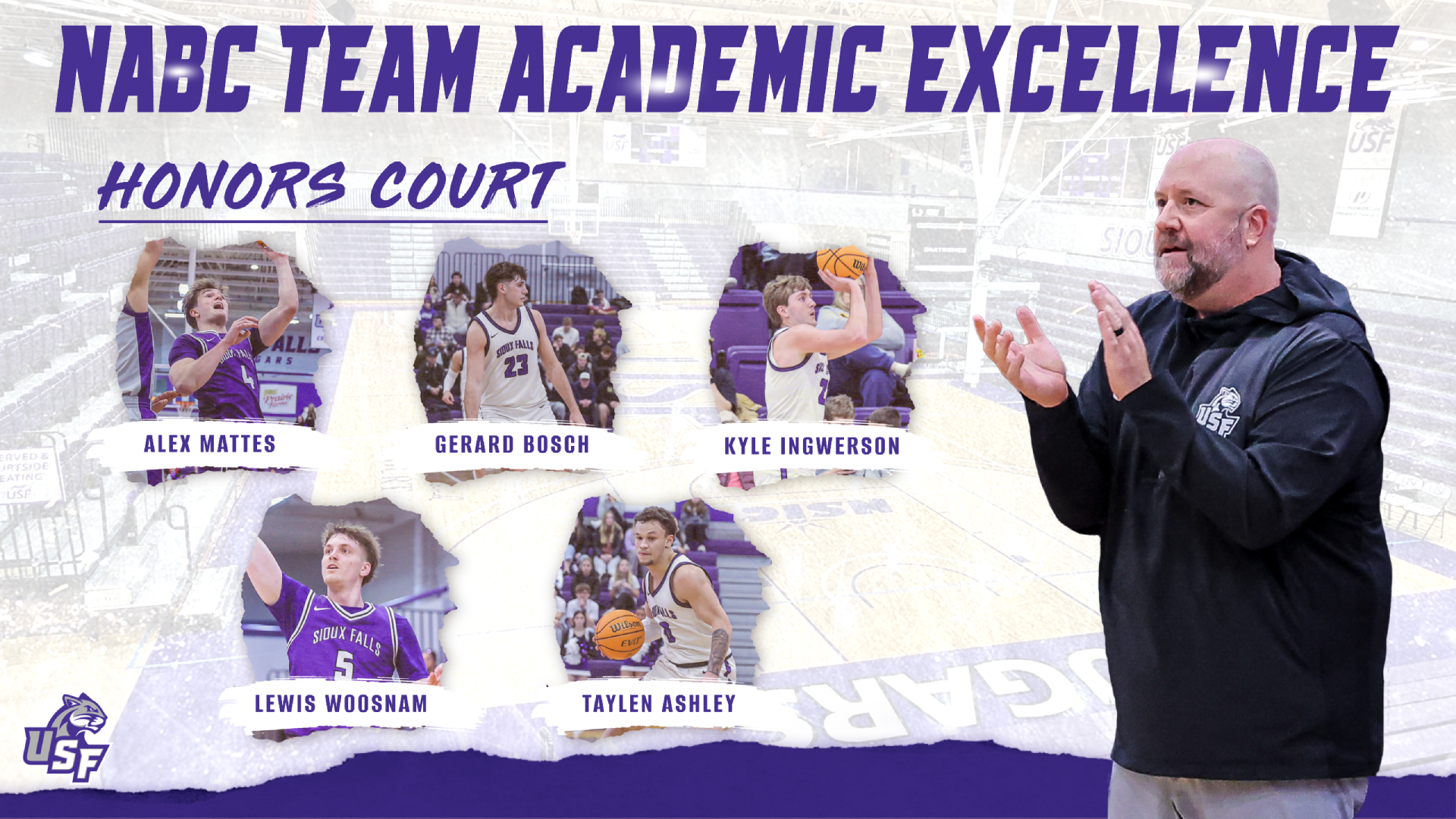 Graphic celebrating the University of Sioux Falls men's basketball team's 2025-26 NABC academic honors. The design features Head Coach Chris Johnson applauding on the right, with action photos of Alex Mattes, Gerard Bosch, Kyle Ingwerson, Lewis Woosnam and Taylen Ashley displayed under the 