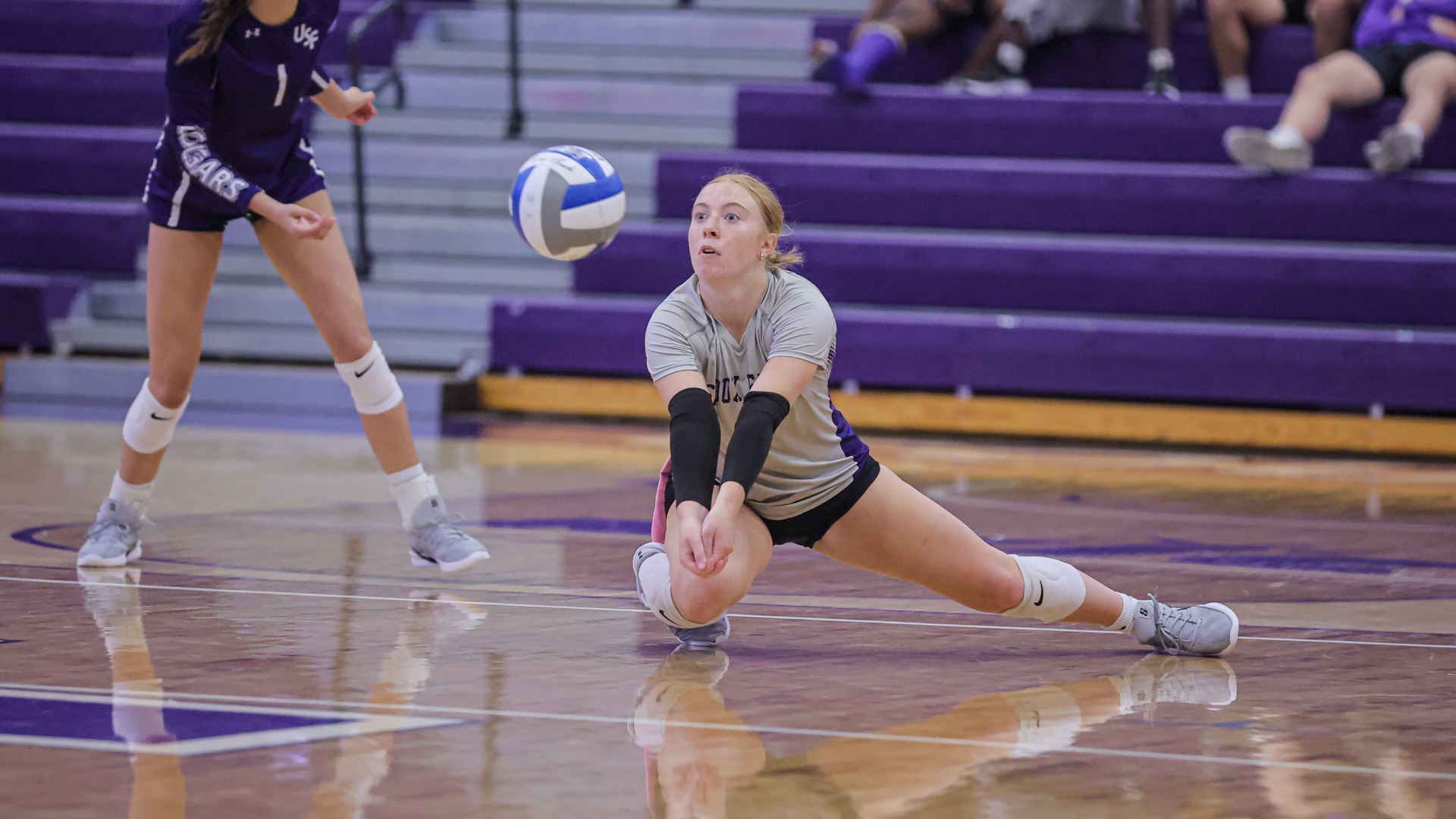 Maci Lerseth digs a volleyball against Chadron State