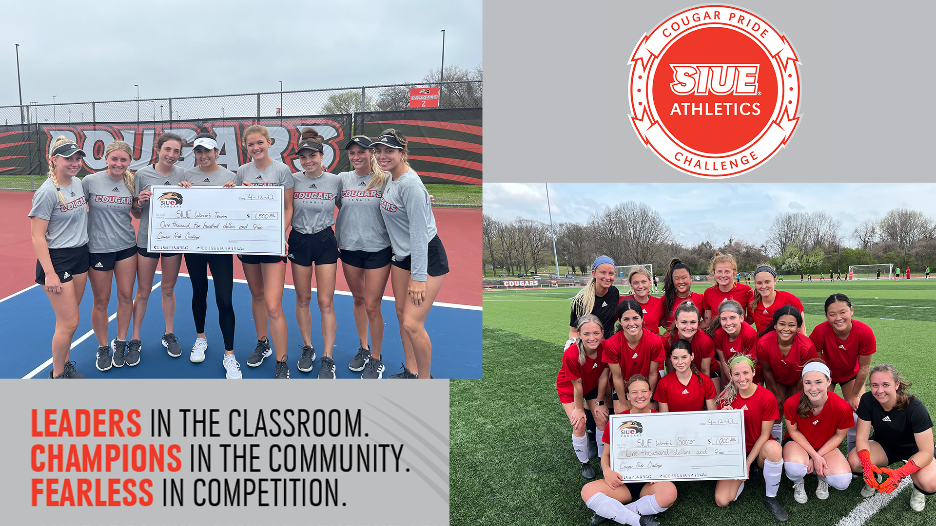 Team photos of SIUE women's soccer and tennis programs holding large checks for $1,000 and $1,500, respectively.