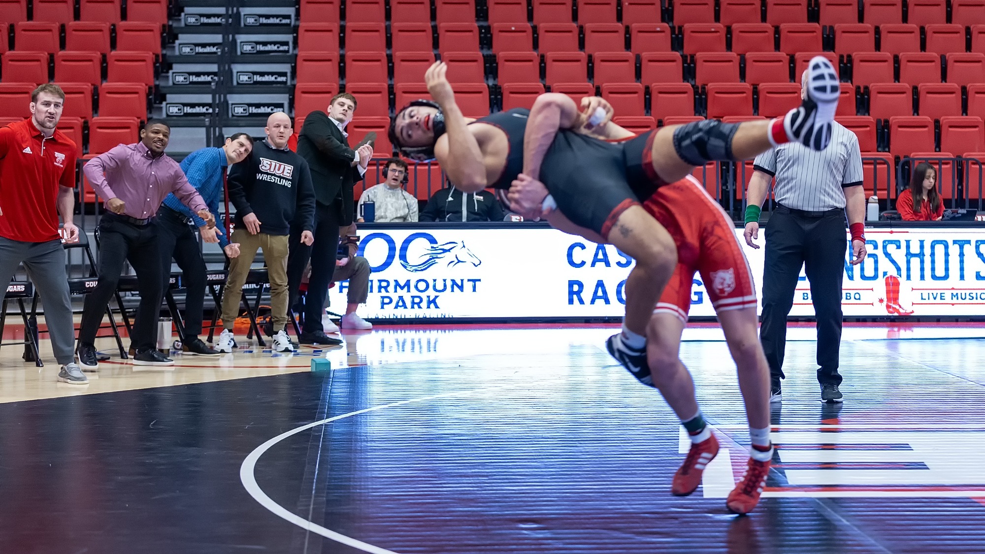 Wrestling vs Maryville 11-23-25: SIUE Cougars host the Maryville Saints for a wrestling match at the Vadalabene Center on the campus of Southern Illinois University Edwardsville, Sunday, November 23, 2025. (Photo: Scott Kane/SIUE Athletics)