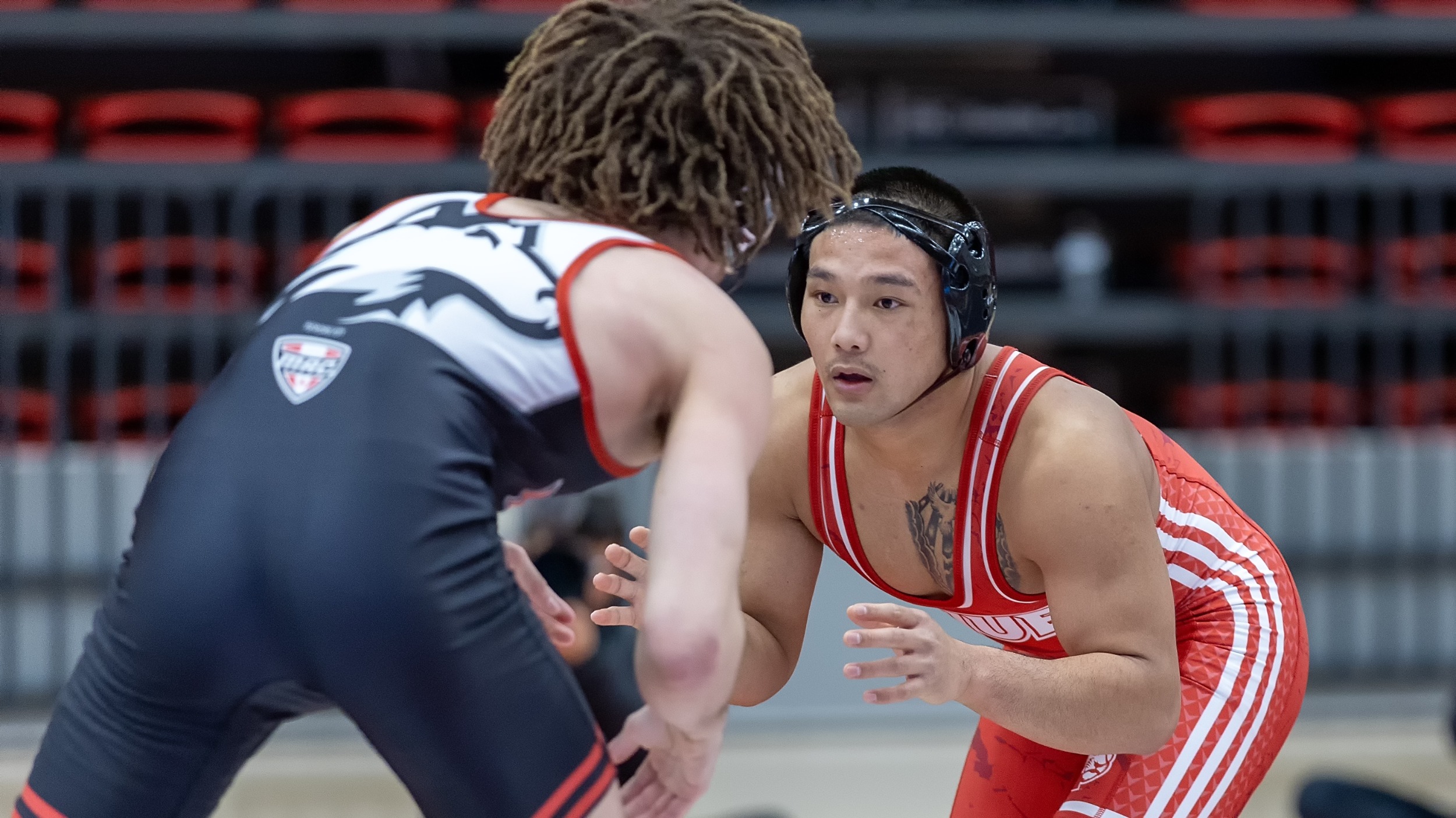 Wrestling vs NIU 02-22-25: SIUE Cougars host the Northern Illinois Huskies for a wrestling match at the Vadalabene Center on the campus of Southern Illinois University Edwardsville, Saturday, February 22, 2025. (Photo: Scott Kane/SIUE Athletics)