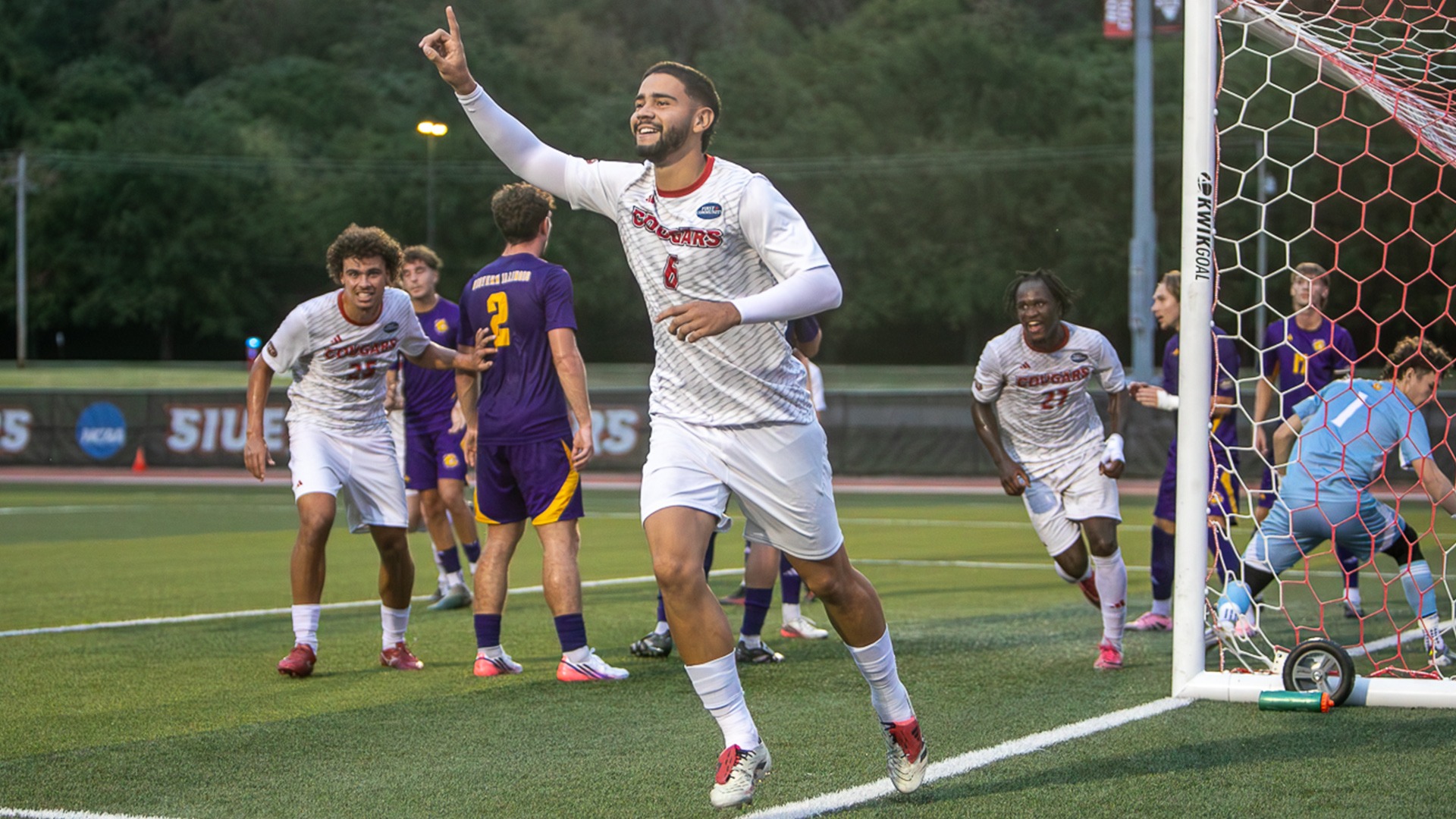 Juan Rodas celebrates after scoring a goal against Western Illinois