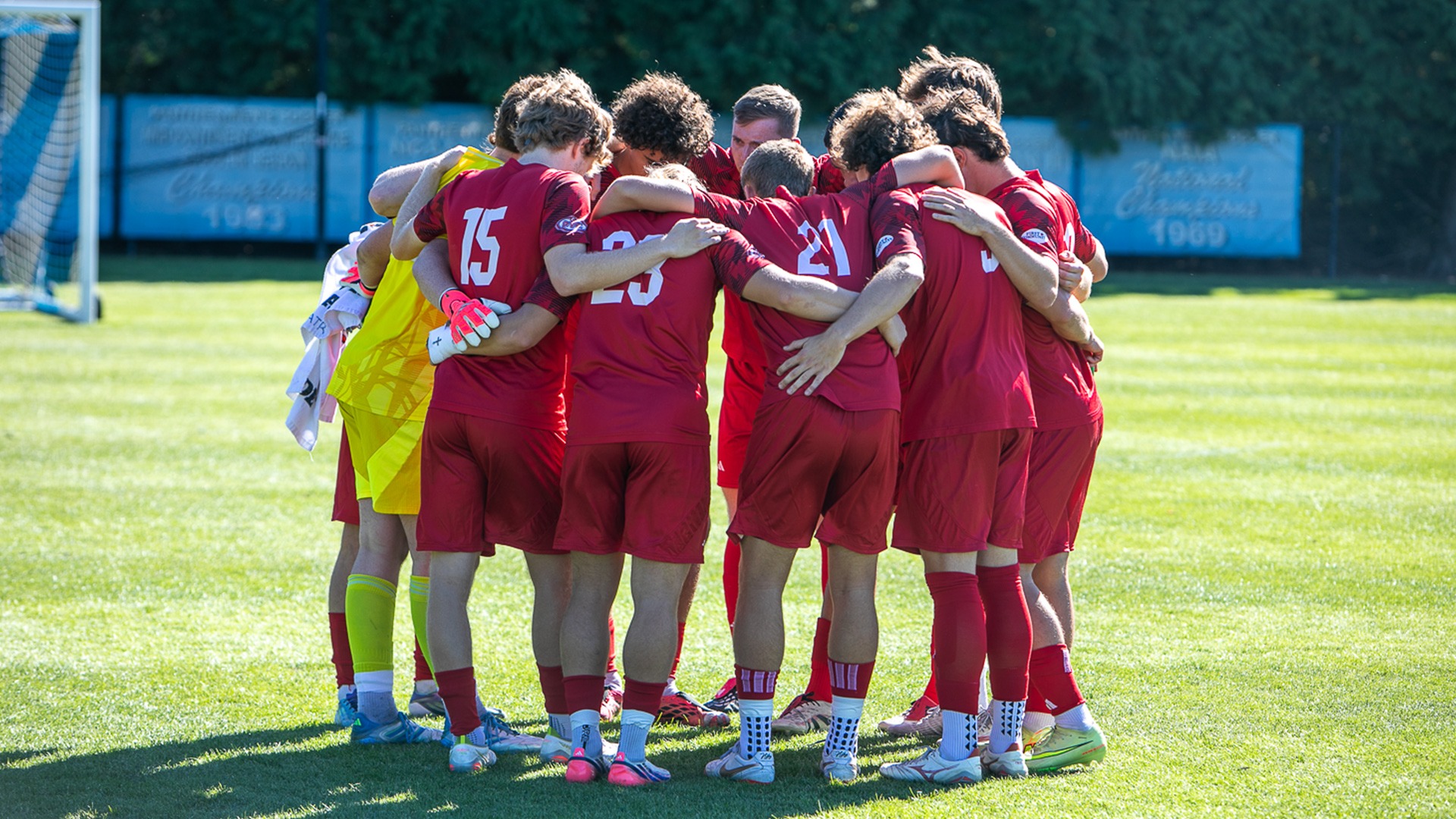 SIUE men's soccer huddles prior to the game at Eastern Illinois