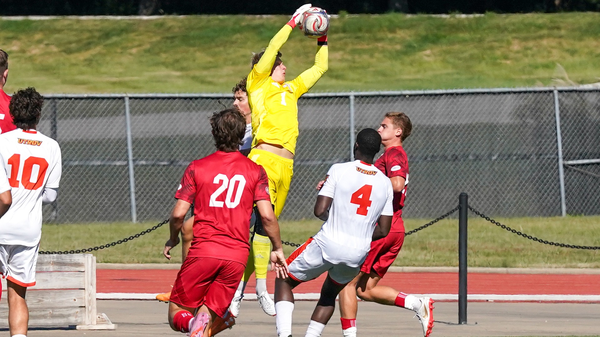 Louis Kruger leaps for a ball against UTRGV