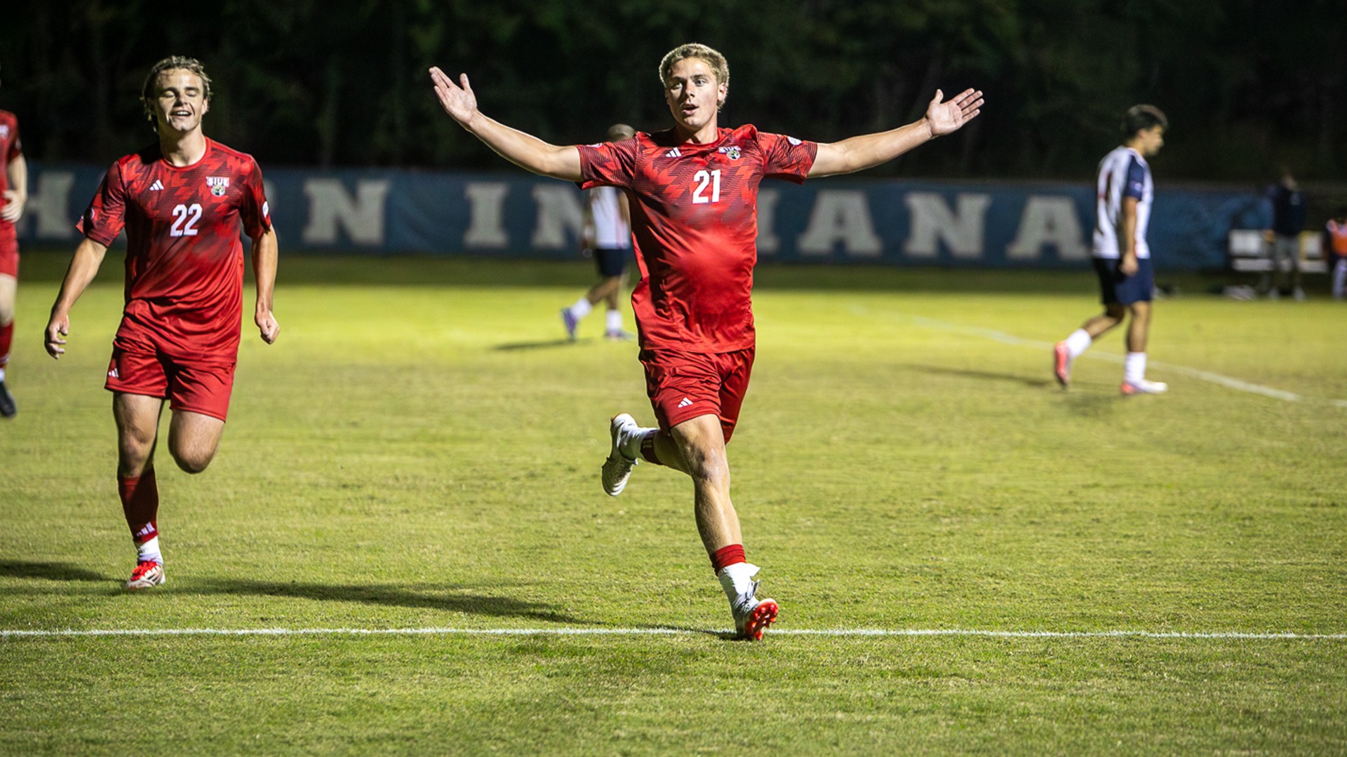 Ryley Gibbs celebrates a goal at Southern Indiana
