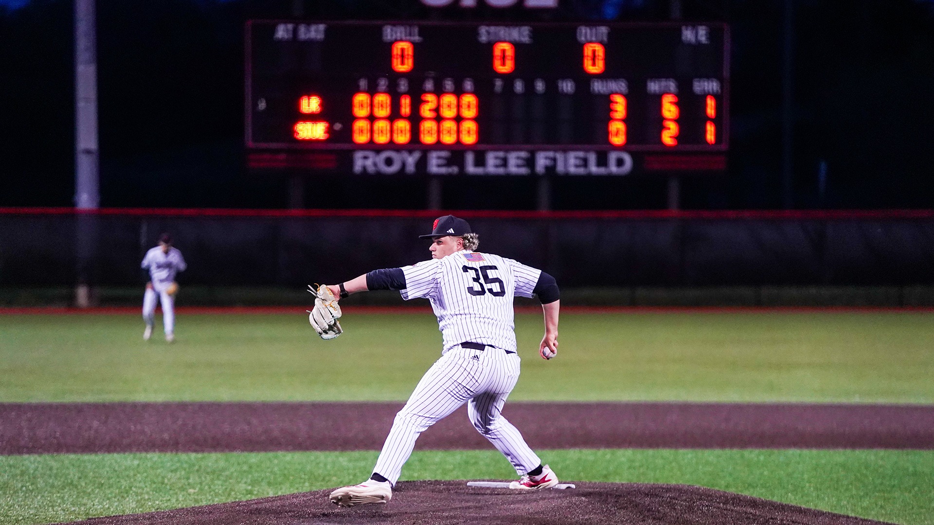 Tim Teixiera pitches against Little Rock at Roy E. Lee Field