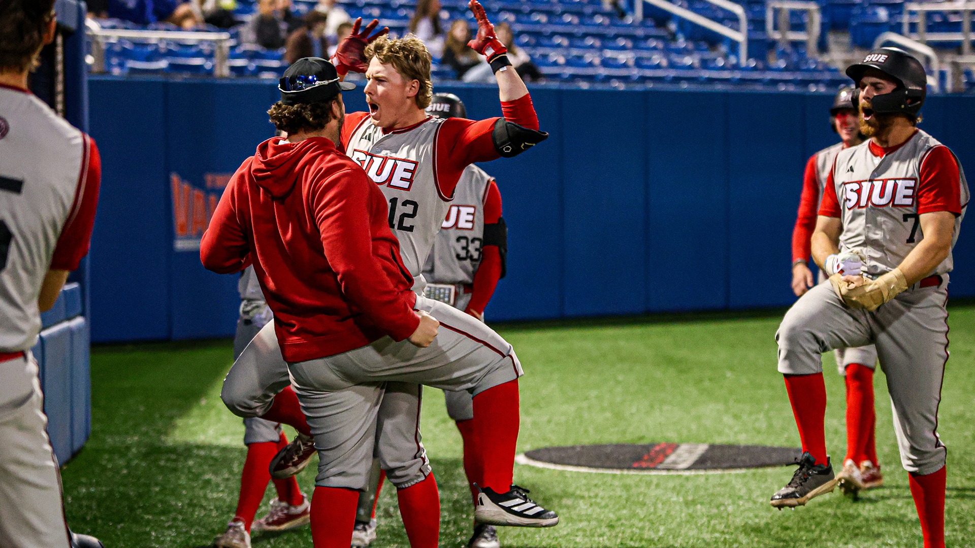 Gage Franck celebrates after hitting a grand slam at Indiana State