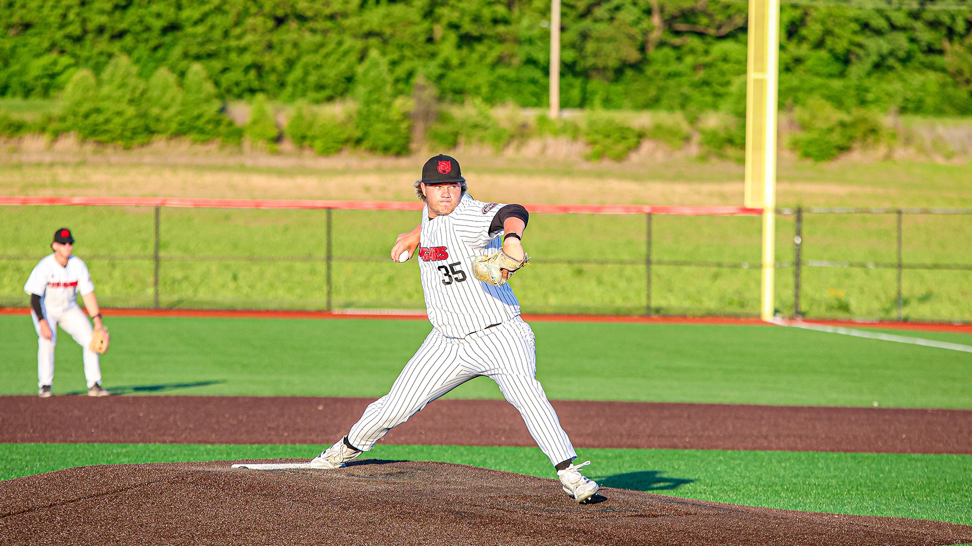 Tim Teixeira pitches against Lindenwood at Roy E. Lee Field