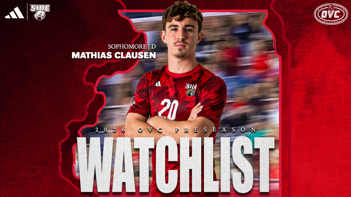 Men's soccer player Mathias Clausen Player to Watch graphic, Claussen posing with his arms folded