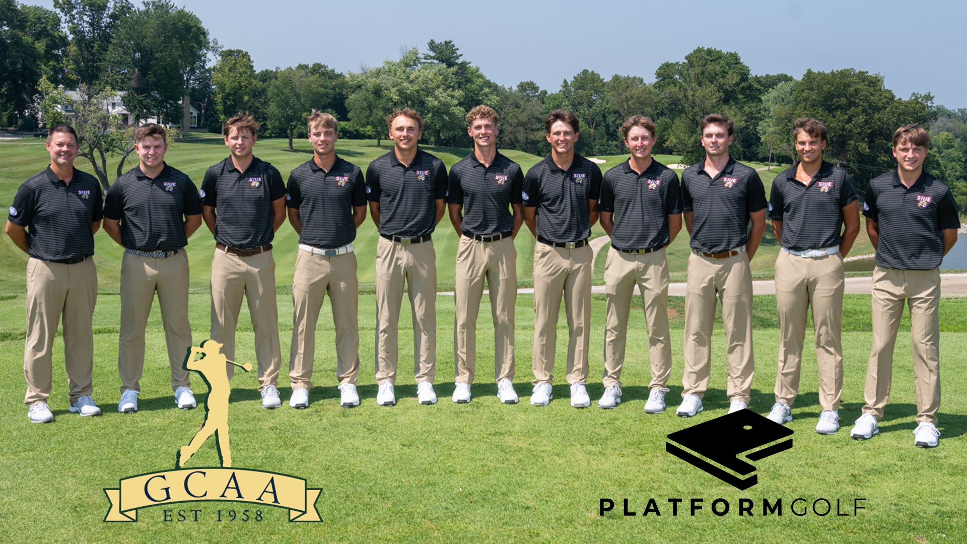SIUE golf team photo with GCAA and Platform golf logos recognizing team academic award winners