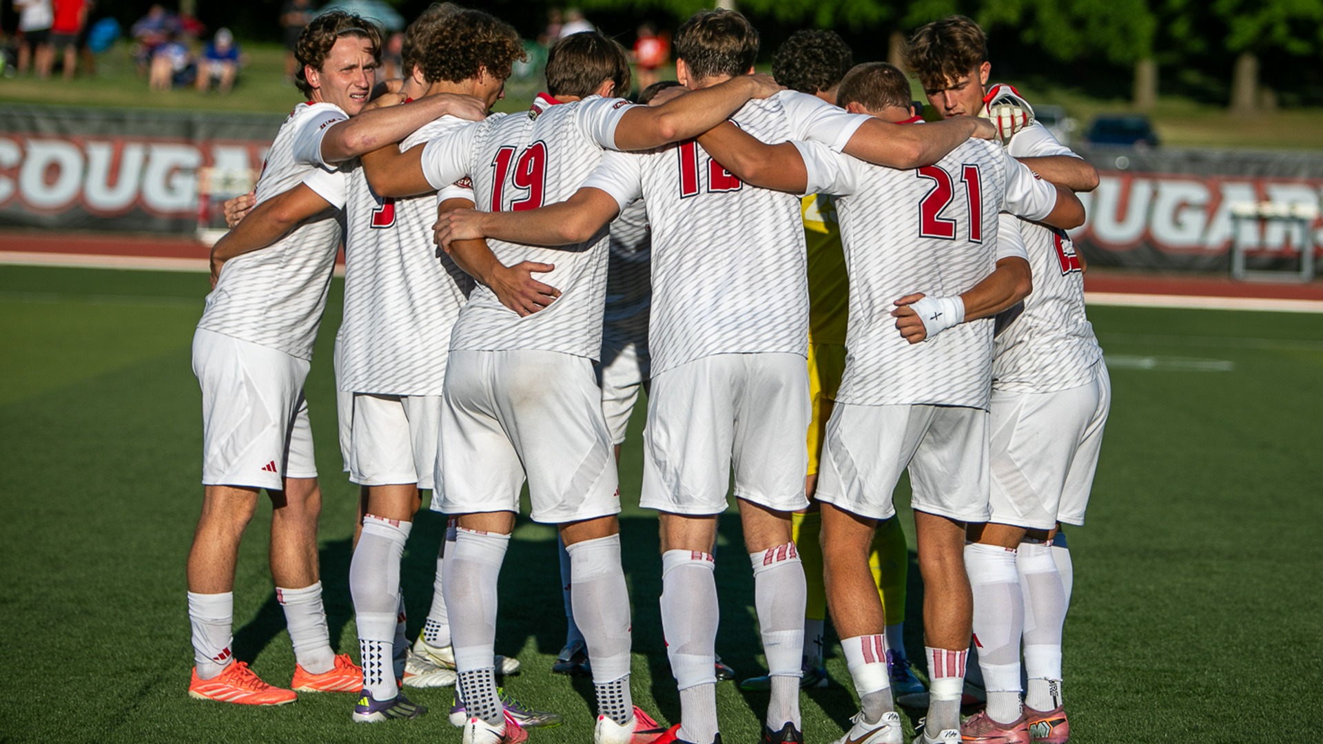 SIUE men's soccer huddles before the 2026 Bronze Boot game with Saint Louis