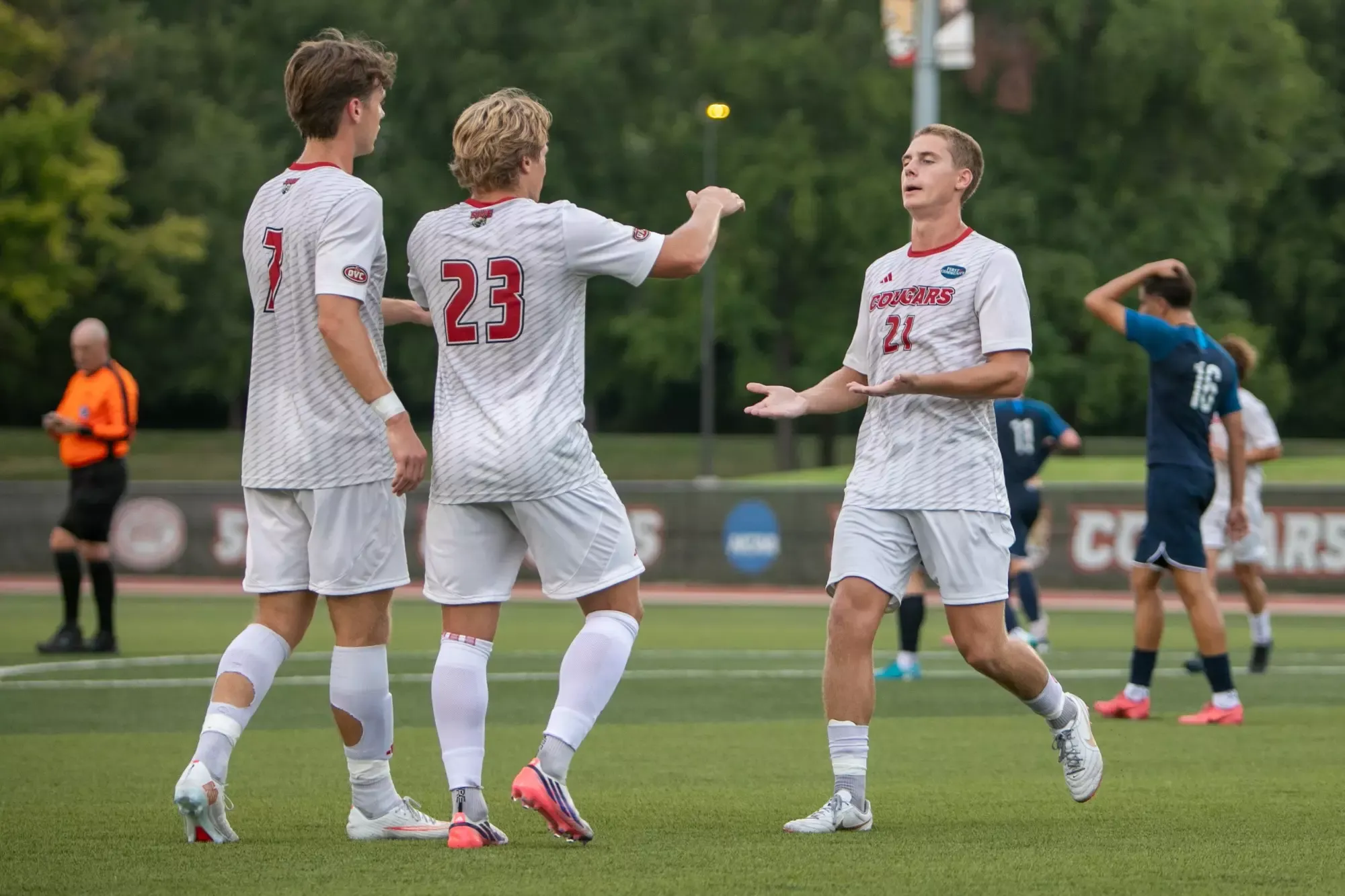 Dominic Bartoni, Anthony Faupel and Ryley Gibbs celebrate a goal in SIUE men's soccer's game vs. Webster September 20 at Korte Stadium