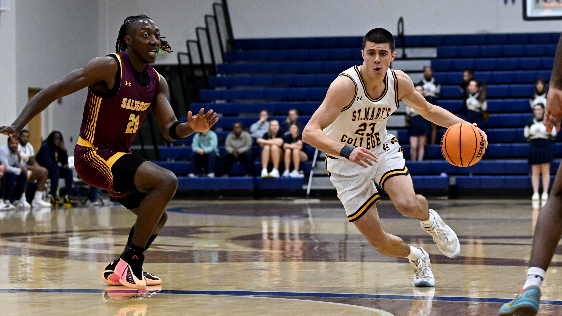 James Crimaudo dribbling past a Salisbury defender on Dec. 13, 2025
