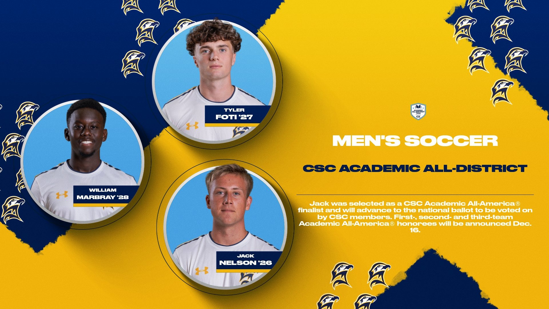 Headshots of Jack Nelson, Tyler Foti, and William Marbray in circular frames with floating Seahawk heads on a blue and gold background