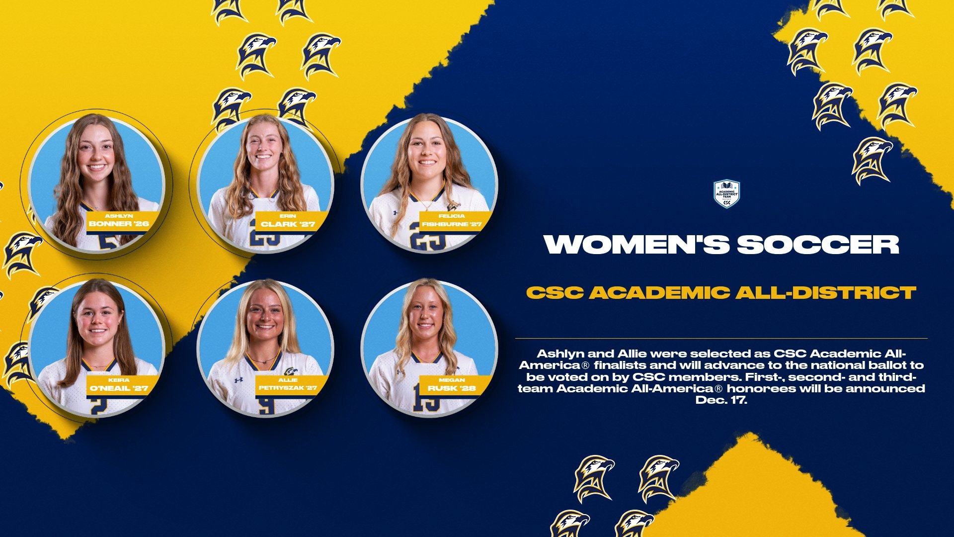 Headshots of Ashlyn Bonner, Erin Clark, Felicia Fishburne, Keira O'Neail, Allie Petryszak, and Megan Rusk in circular frames on blue and gold background