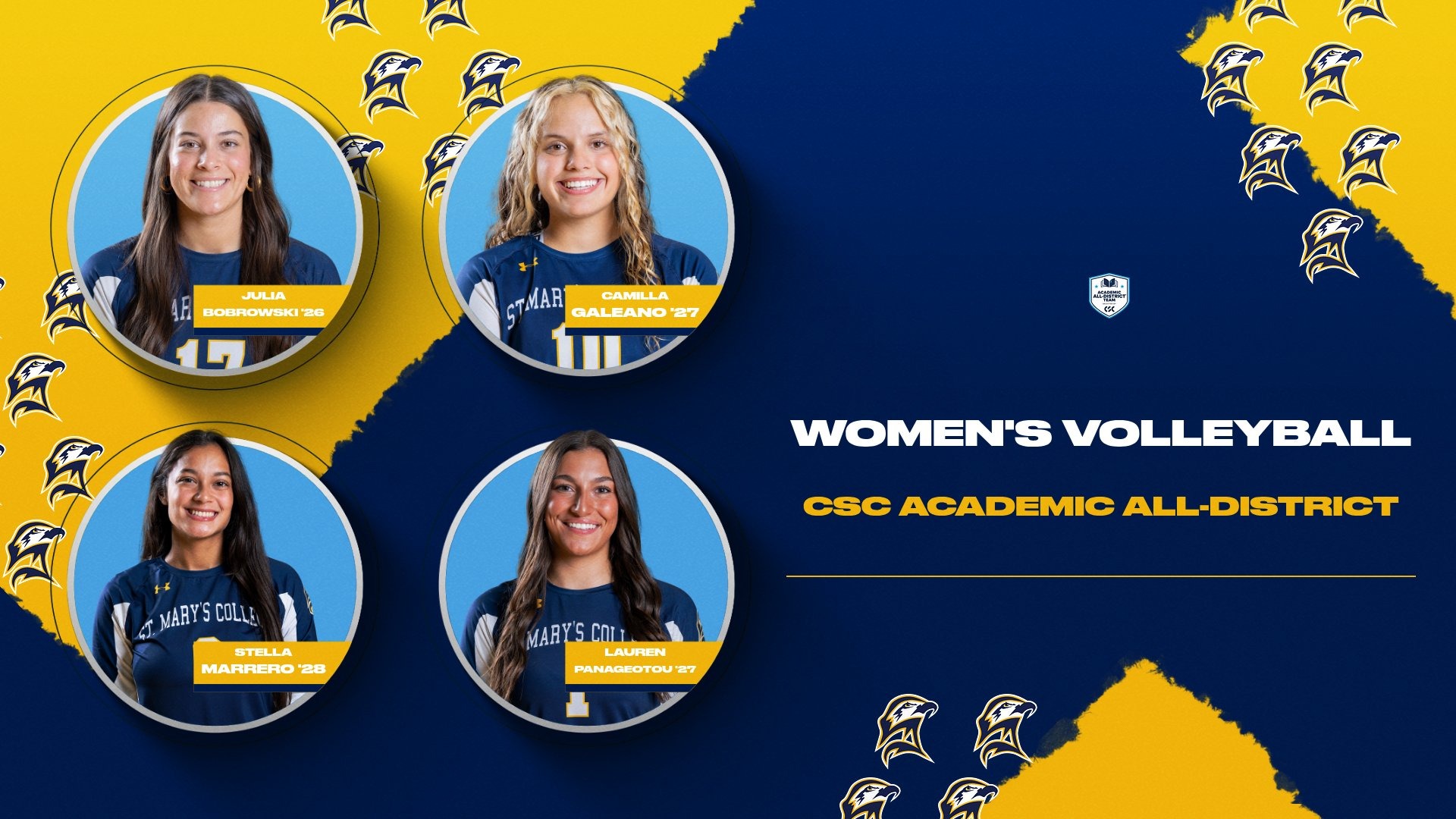 Headshots of Julia Bobrowski, Camilla Galeano, Lauren Panageotou, and Stella Marrero in circular frames on a blue and gold background with floating Seahawk heads.