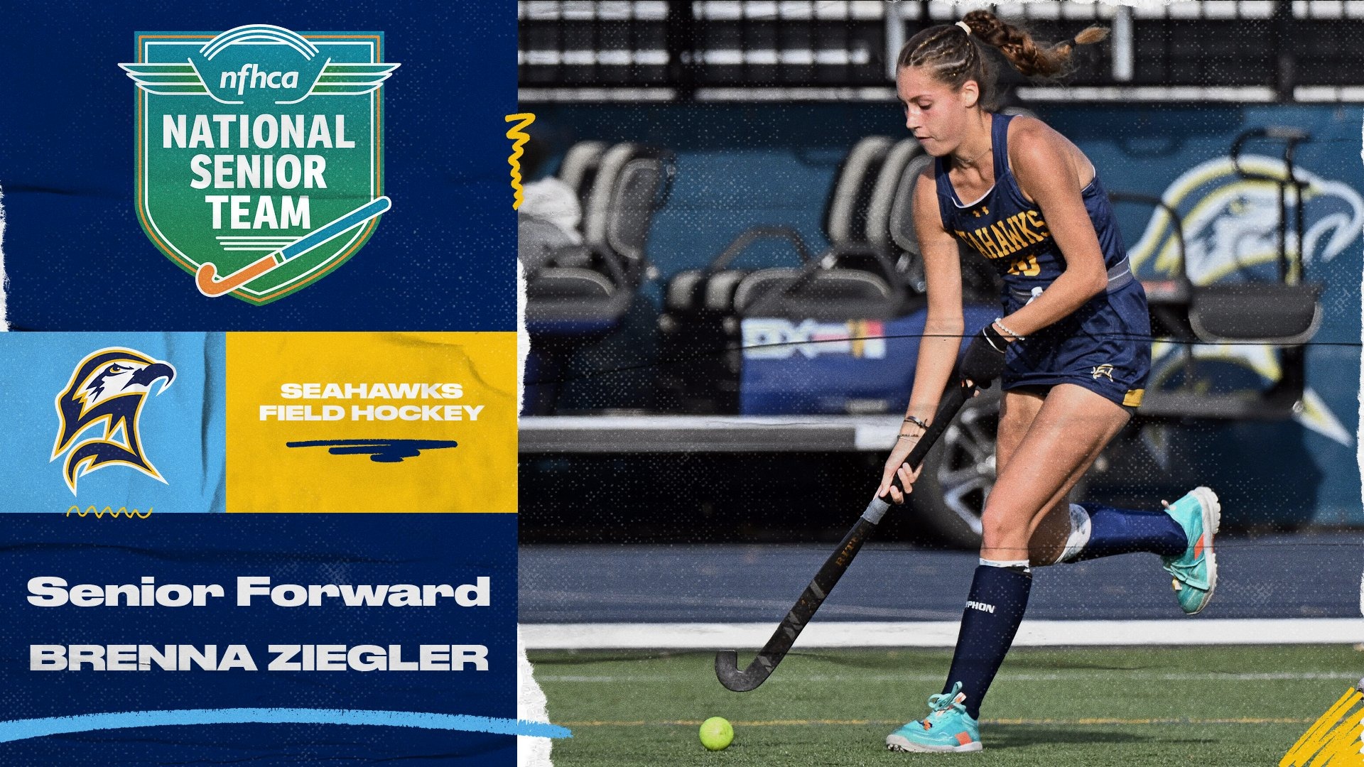 Graphic with a field hockey photo of Brenna Ziegler dribbling, announcing her spot on the NFHCA Senior Team