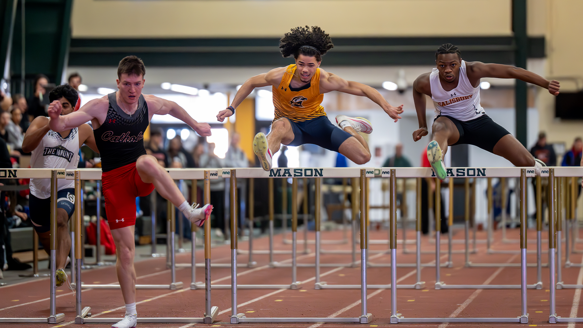 Solomon David clearing a hurdle at the Patriot Games on January 31, 2026