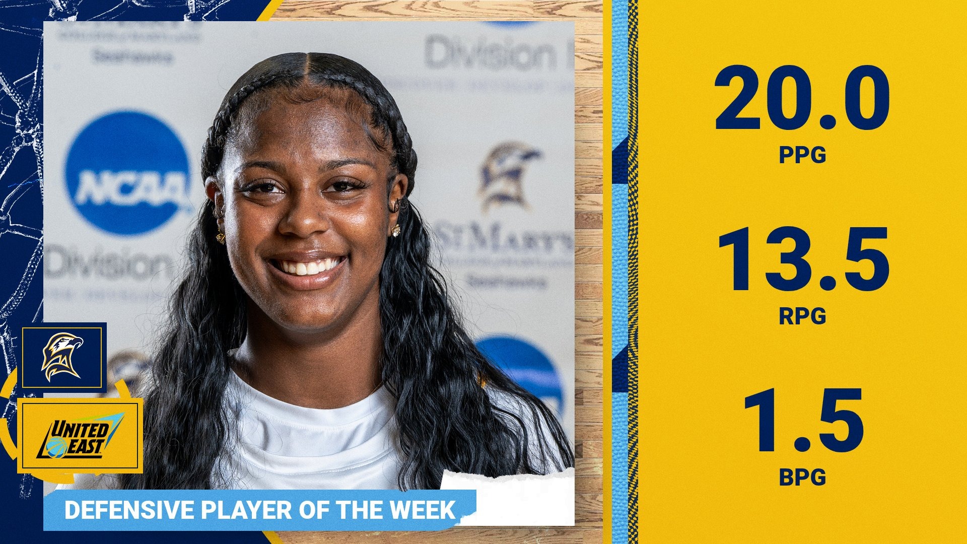 Headshot of Keira Mason with a hardwood court background and her averages to the right