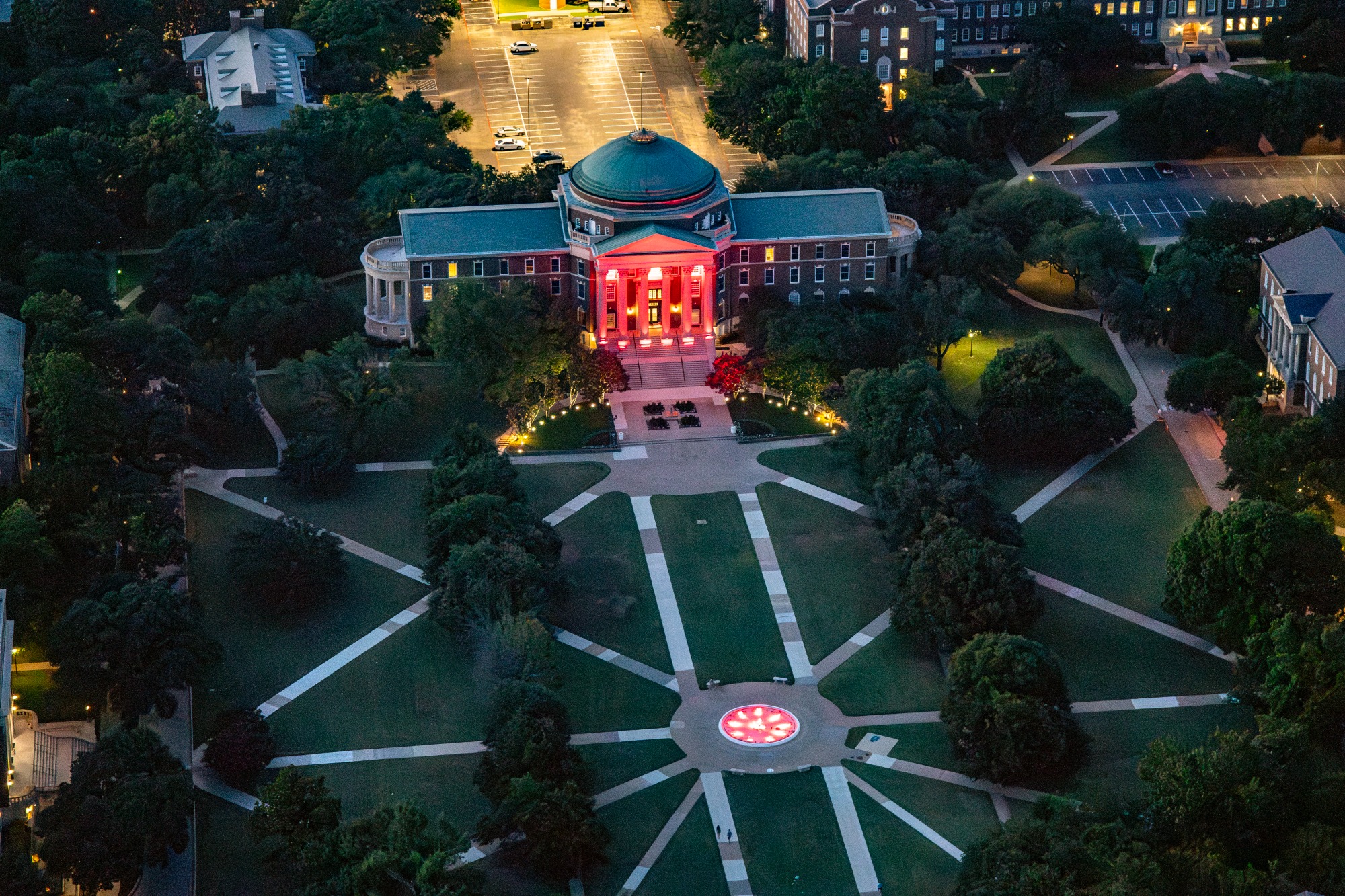 The SMU campus and the Dallas skyline are lit up with blue and red lights in recognition of SMU joining the Alantic Coast Conference Monday, July 1, 2024, in Dallas.Job 25-034