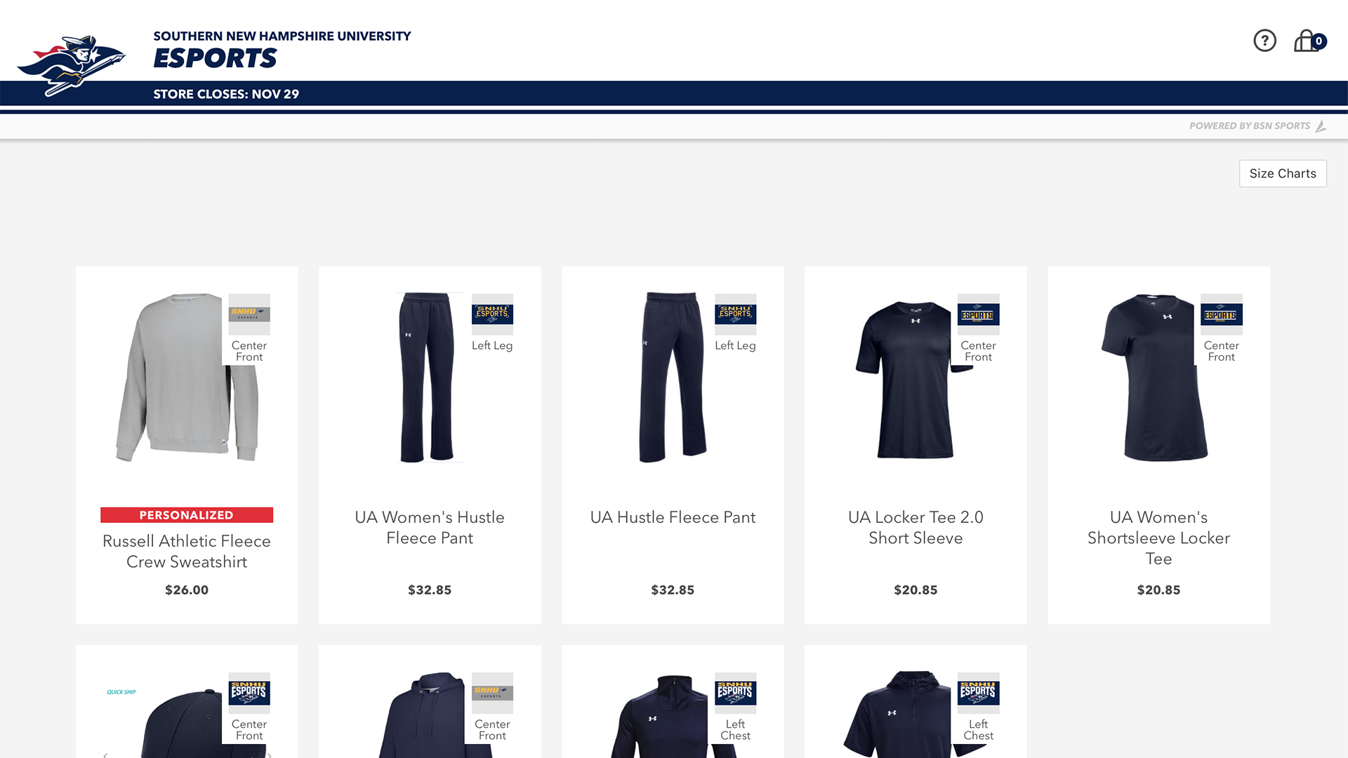 SNHU Esports' BSN MyTeam Shop with various apparel to purchase