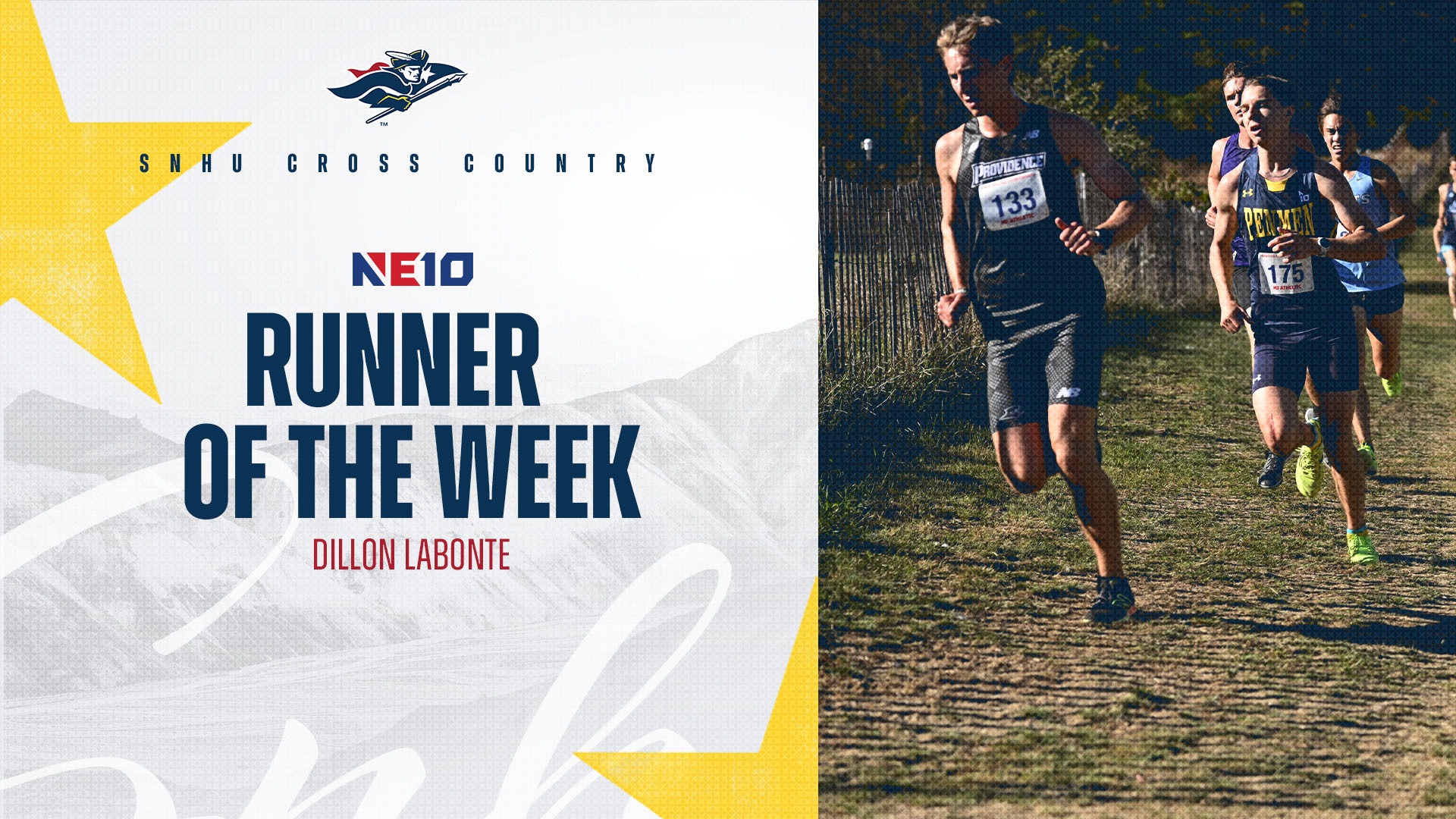 Dillon Labonte of Men's Cross Country is shown running in a graphic identifying him as runner of the week in the NE10