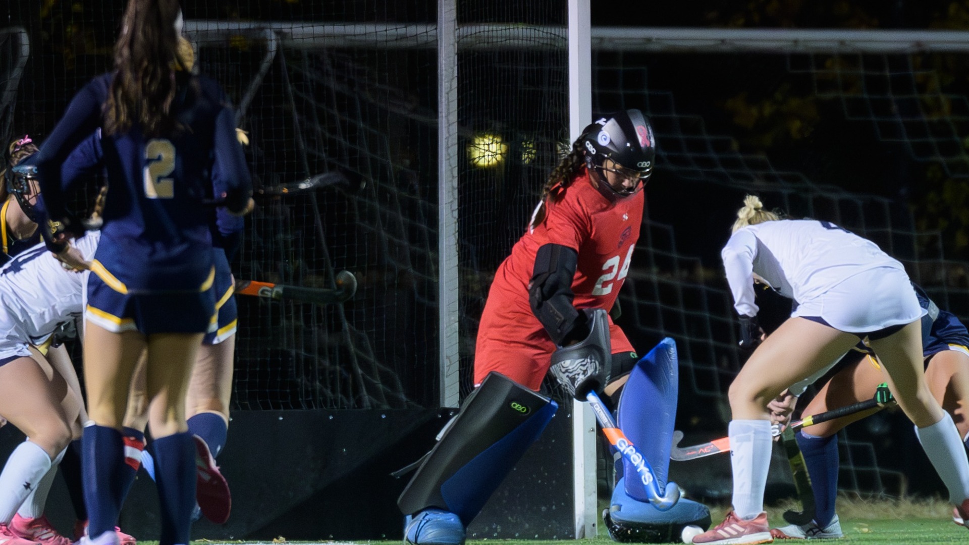 SNHU field hockey goalie Agustina Miranda Waigand defends her goal