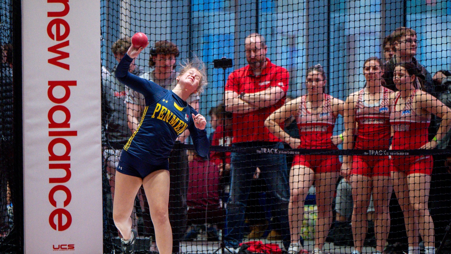 Brooke Bibbo delivers the shotput at an indoor meet in Boston