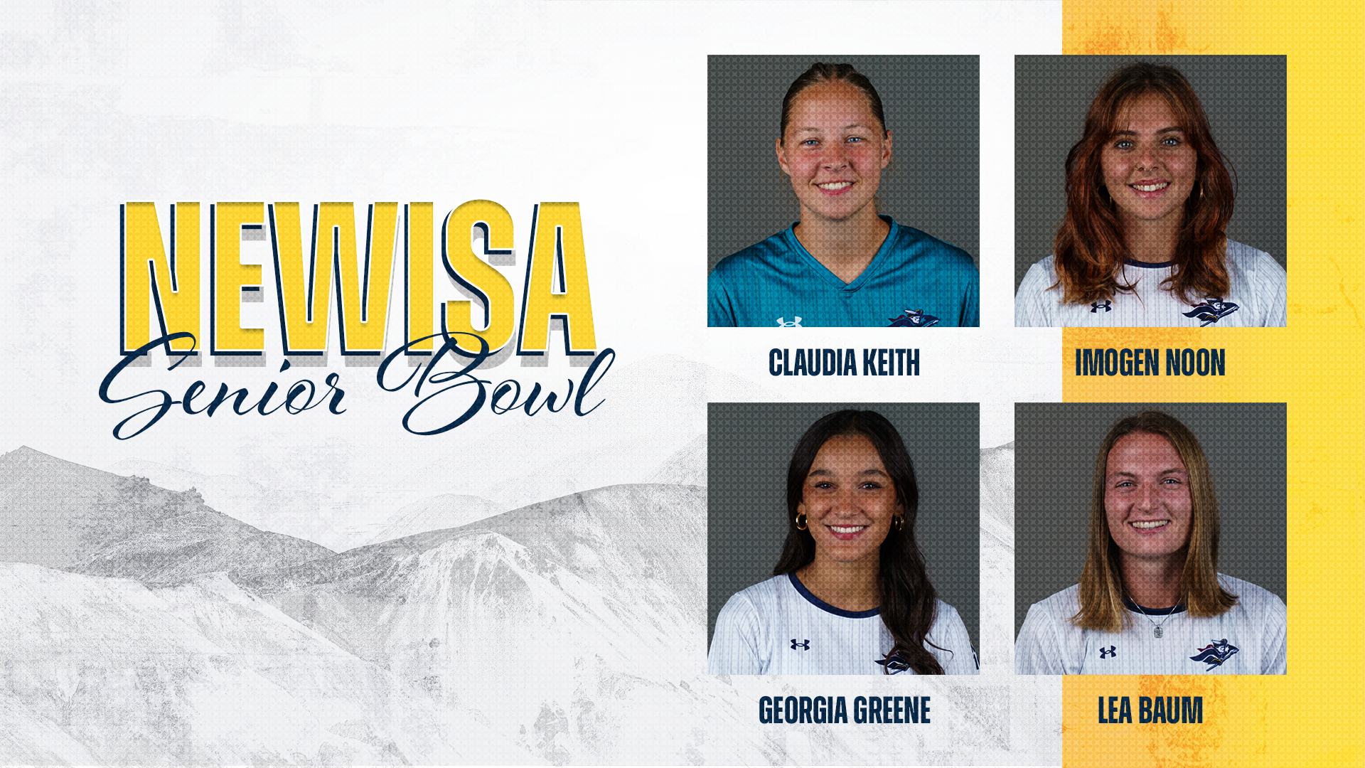 NEWISA Senior Bowl graphic; SNHU women's soccer, Claudia Keith, Imogen Noon, Georgia Greene, Lea Baum