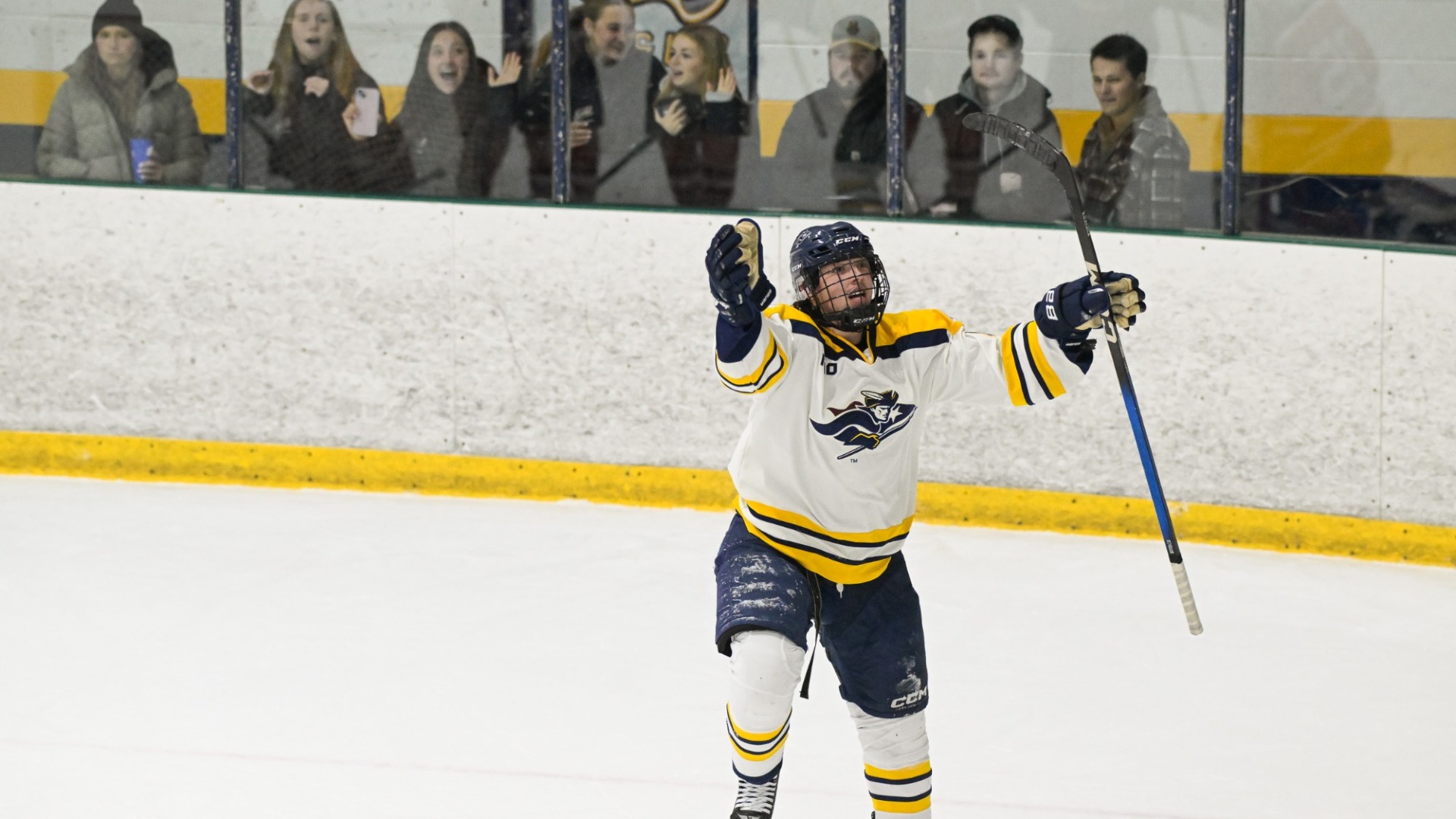 Ice hockey player Kurt Watson celebrates his goal against Post which started the annual Teddy Bear Toss
