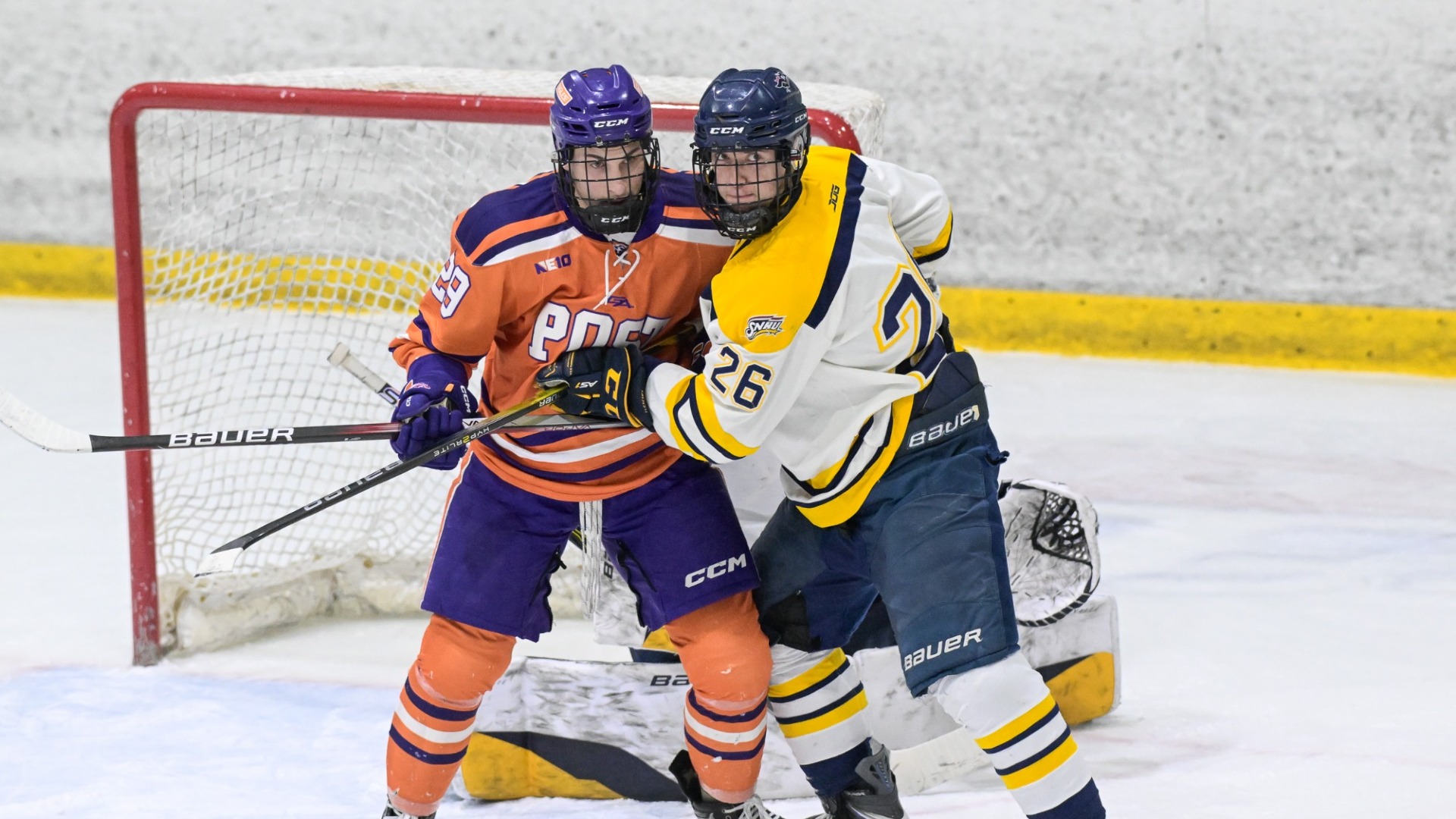 Brendan Lynch of SNHU plays some defense in front of the net in a game against Post