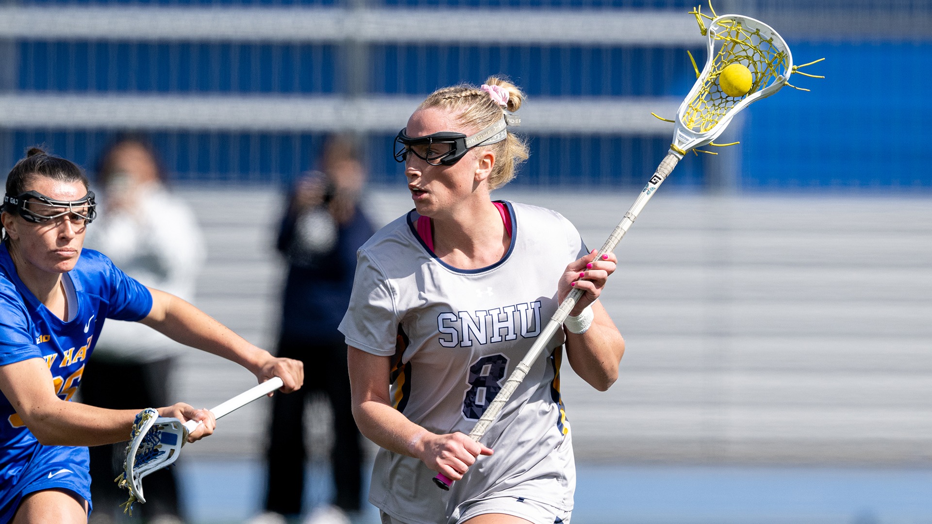 Katelyn Hadden being defended with the ball in her stick