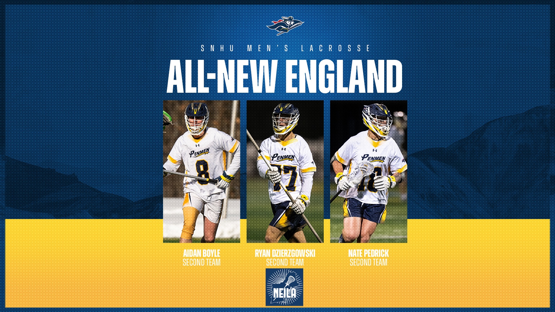 NEILA All-New England graphic; Aidan Boyle, Ryan Dzierzgowski and Nate Pedrick (Second Team)
