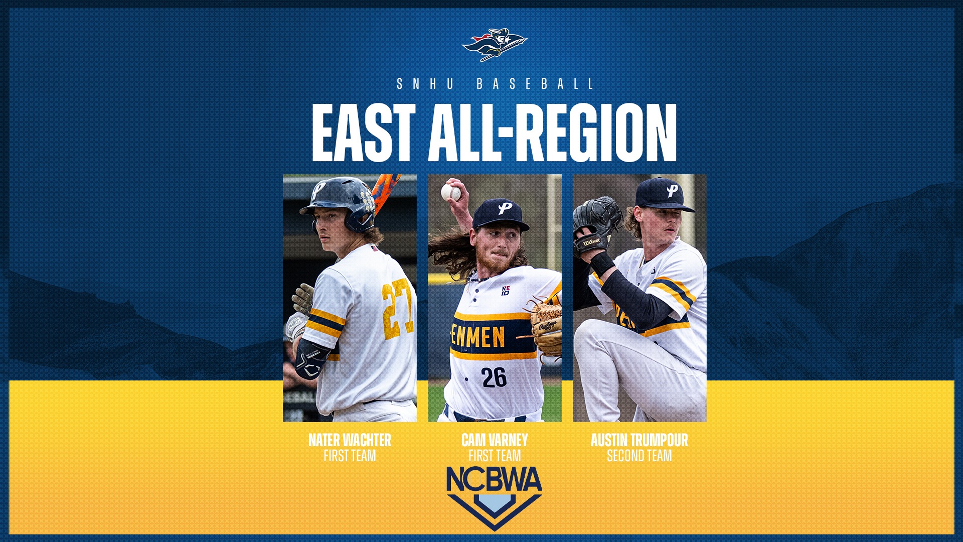 NCBWA East All-Region graphic (Nater Wachter and Cam Varney; First Team, Austin Trumpour; Second Team)