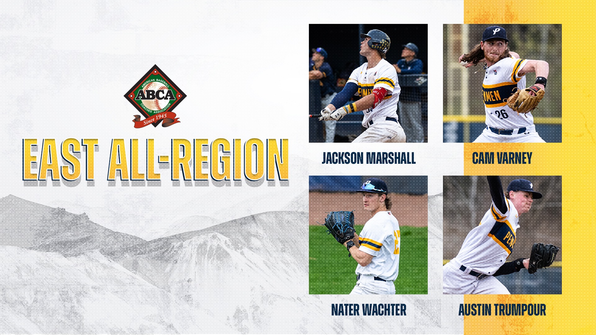 2025 SNHU baseball ABCA East All-Region graphic; Jackson Marshall, Cam Varney, Nater Wachter, Austin Trumpour