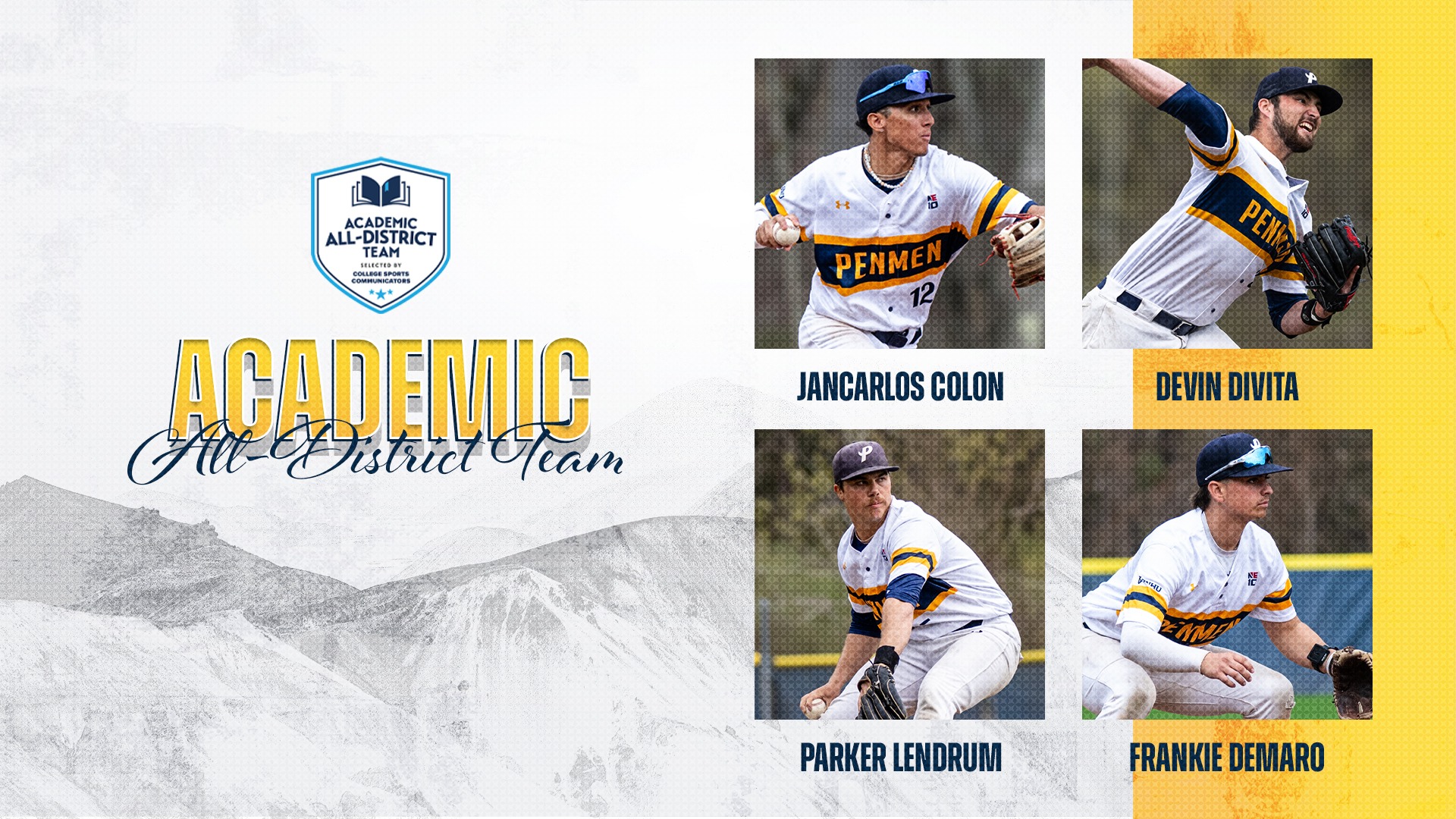 2025 SNHU baseball CSC Academic All-District graphic; Jancarlos Colon, Devin Divita, Parker Lendrum, Frankie DeMaro