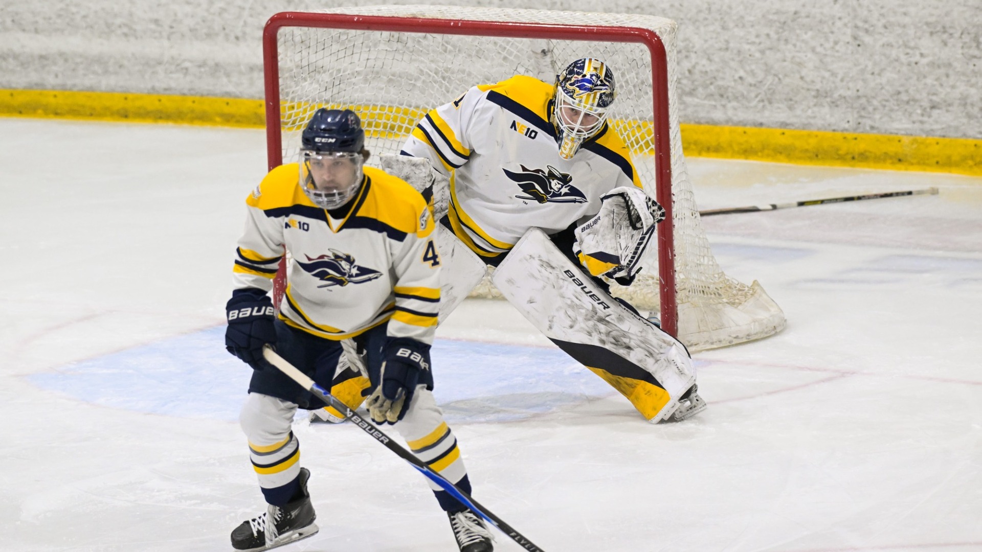 Ryan Kayser of Ice Hockey defends the goal 